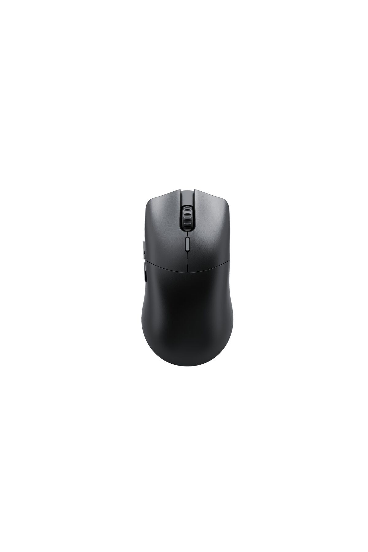 A black computer mouse with a scroll wheel and buttons on a white background.