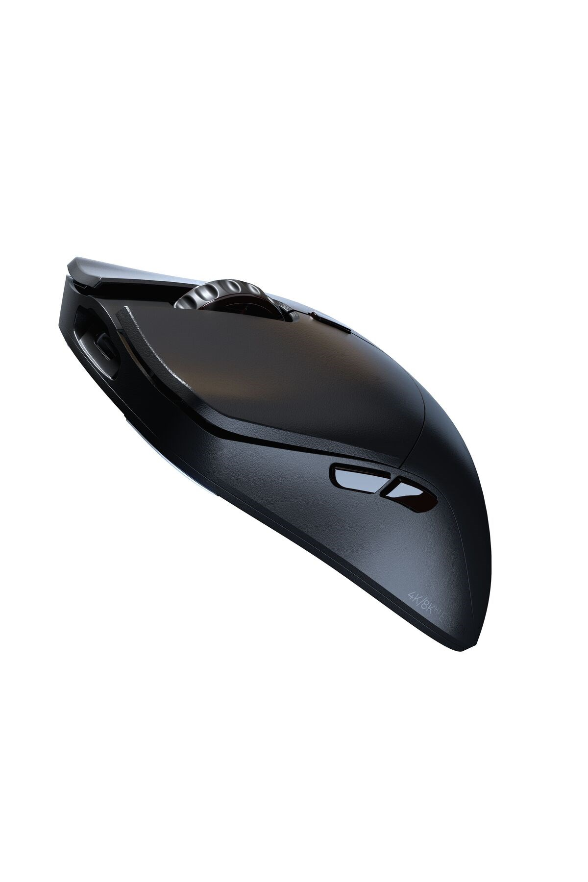 Black computer mouse with scroll wheel and side buttons, isolated on a white background.