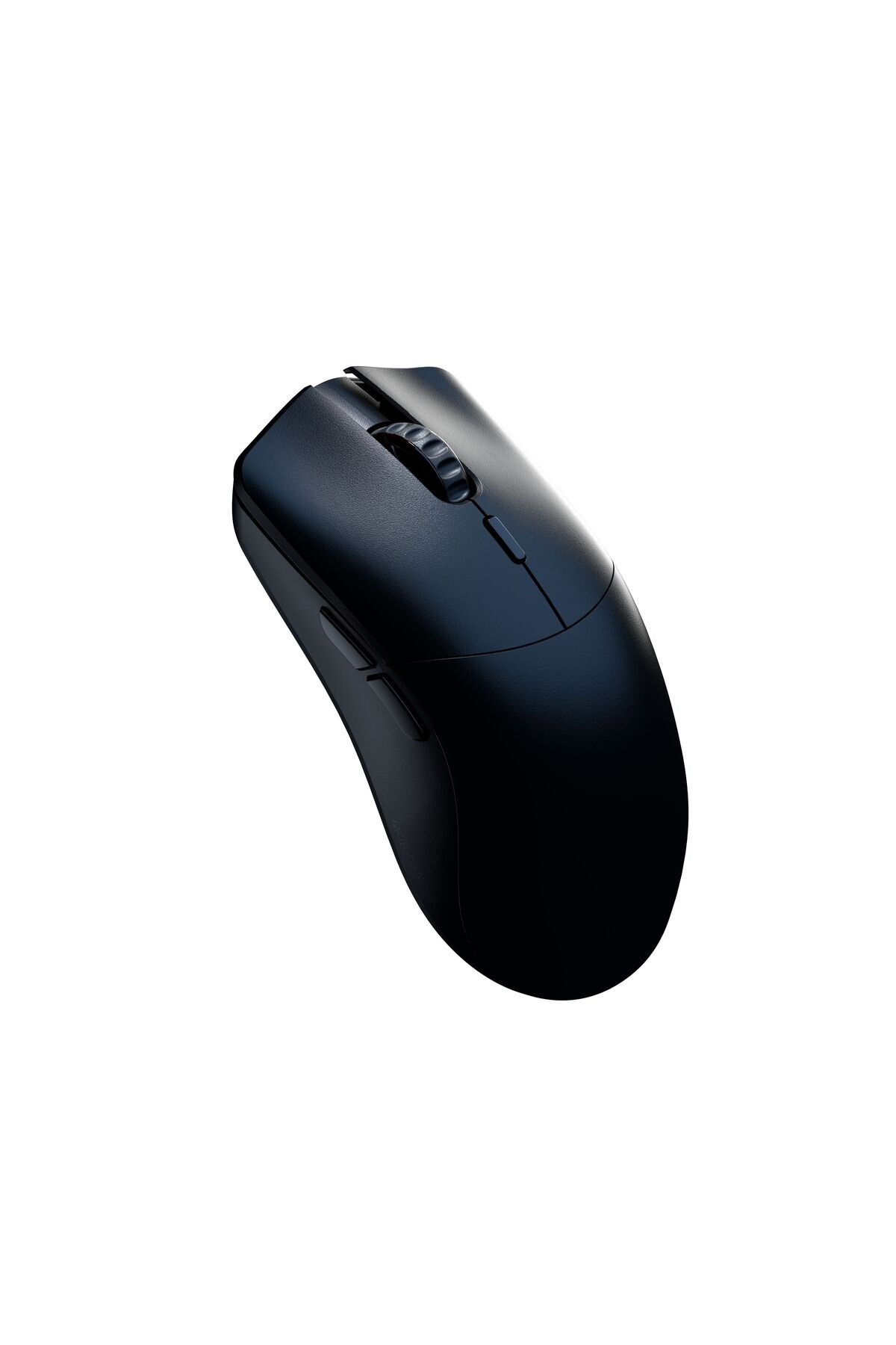 Black wireless computer mouse with scroll wheel and buttons, isolated on white.