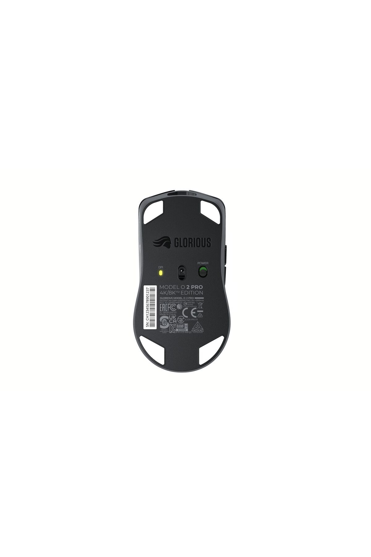 Underside of a black Glorious Model O 2 Pro 4K/8KHz gaming mouse with labels.