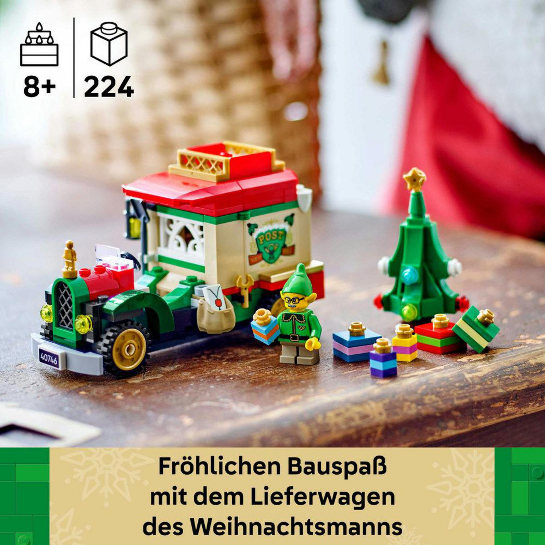 Lego świąteczna ciężarówka z elfem, choinką i prezentami.