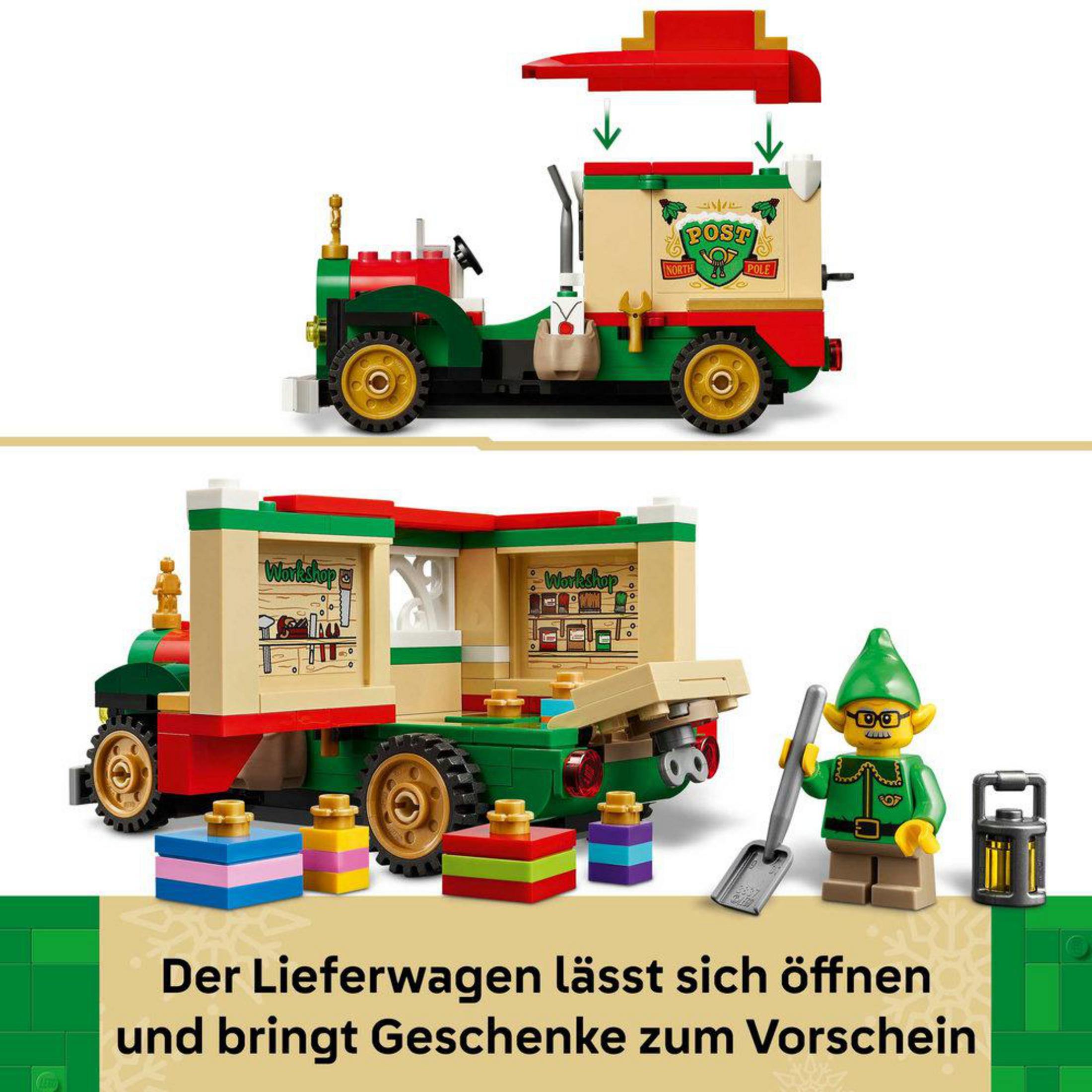 Świąteczna furgonetka Lego z warsztatem, elfem, łopatą i prezentami.