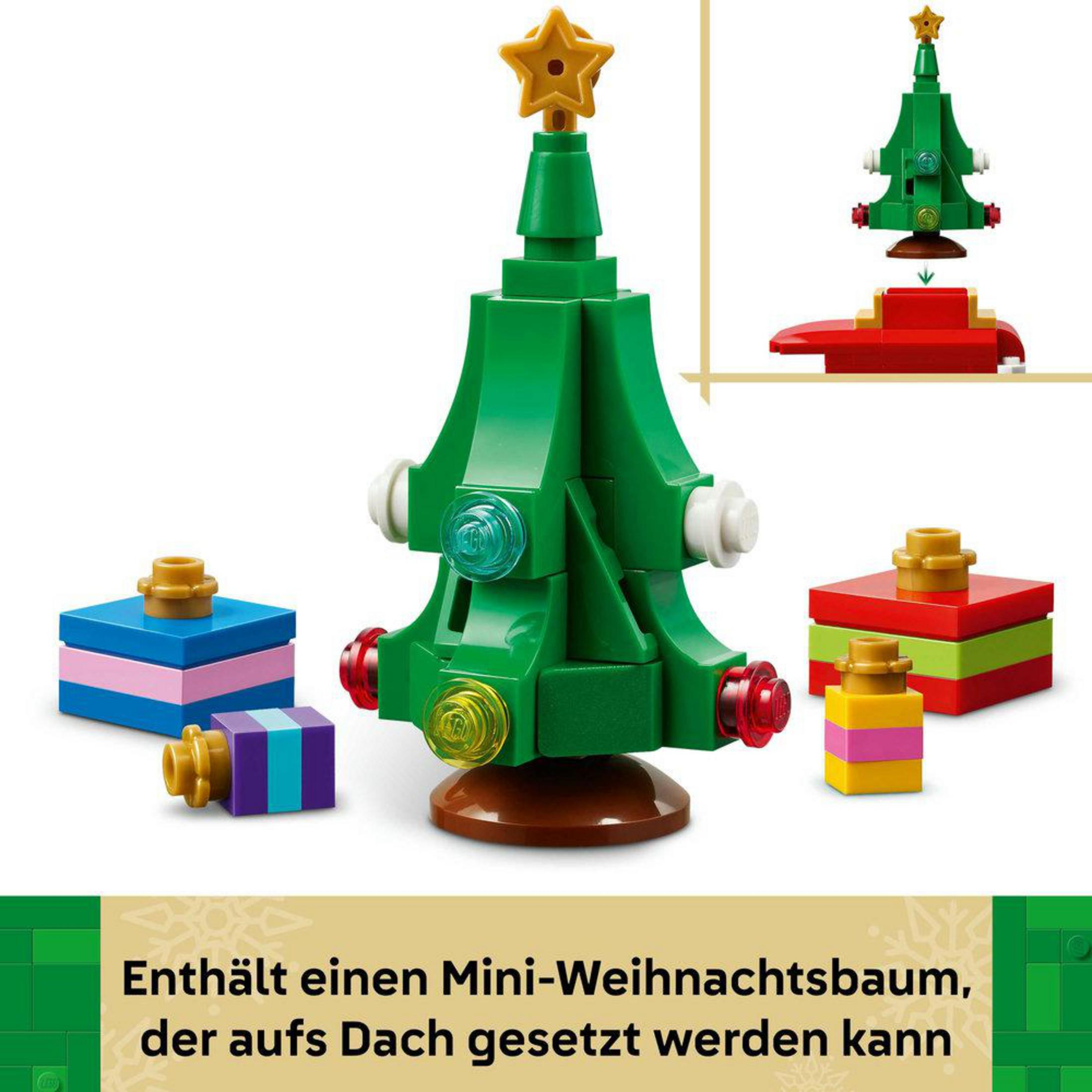 Zielona choinka Lego z gwiazdą, prezentami i podstawą.
