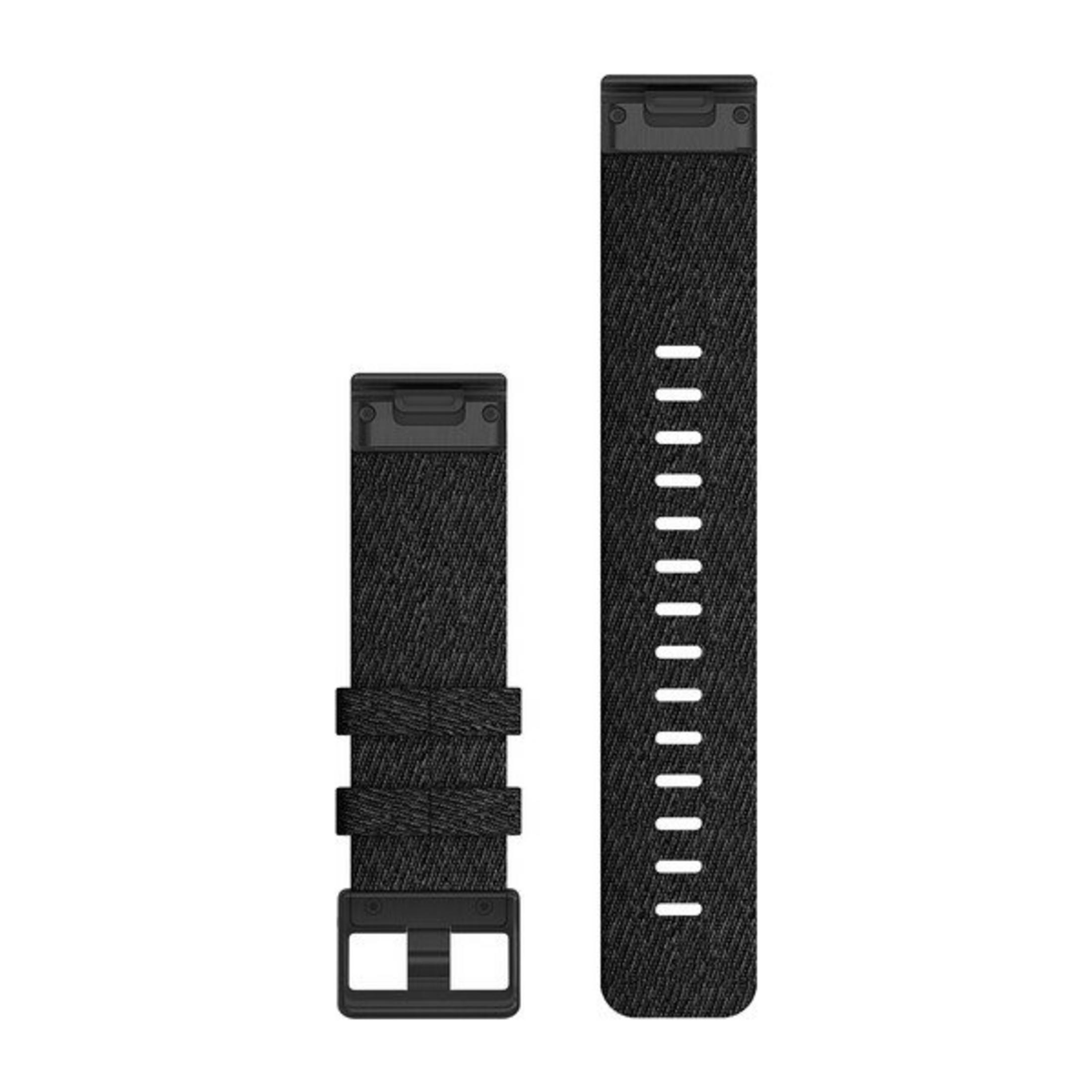 Schwarzes Uhrenarmband aus Stoff mit silbernen Nähten und Schnalle.