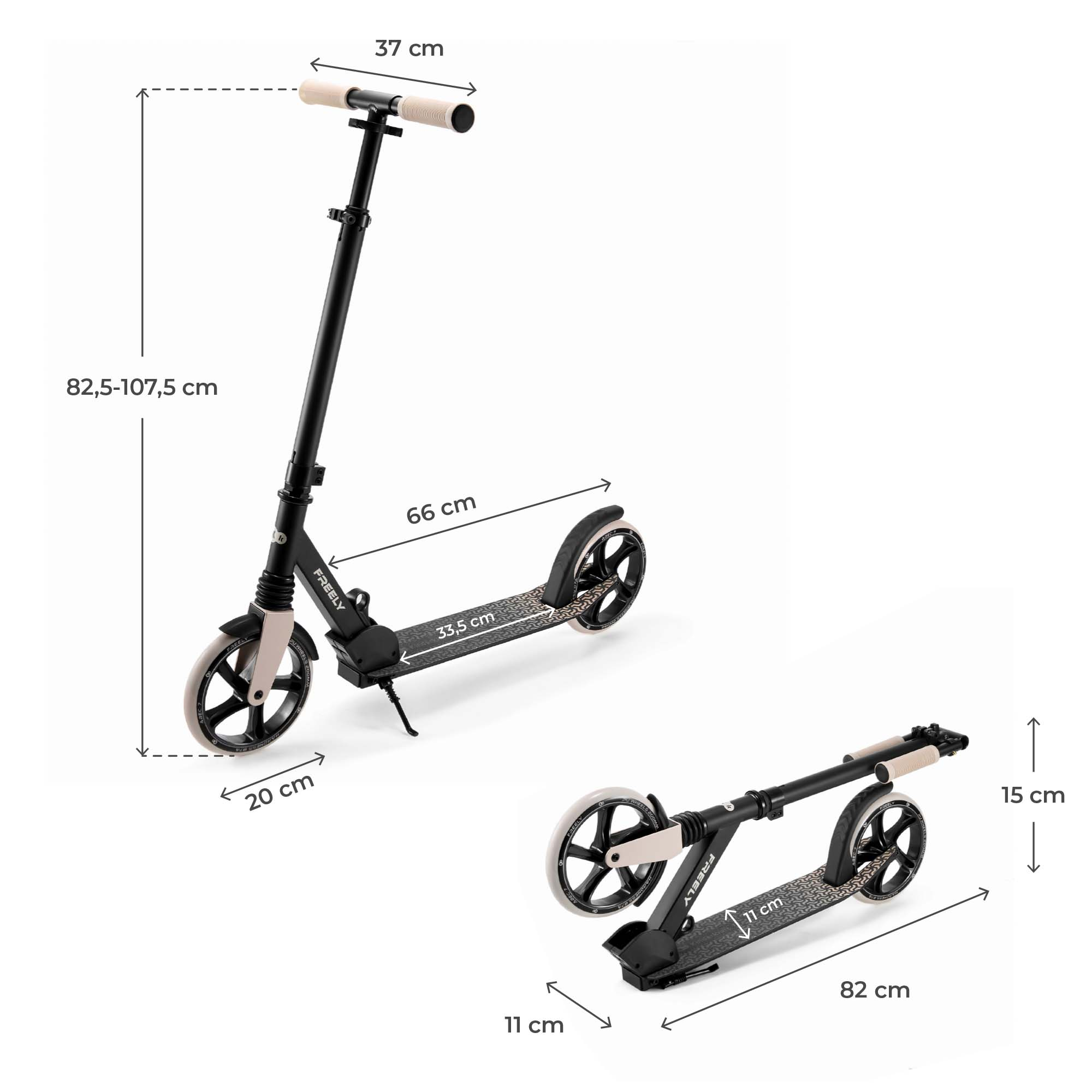 Schwarzer Roller mit verstellbarer Höhe, beige Griffen und Rädern.