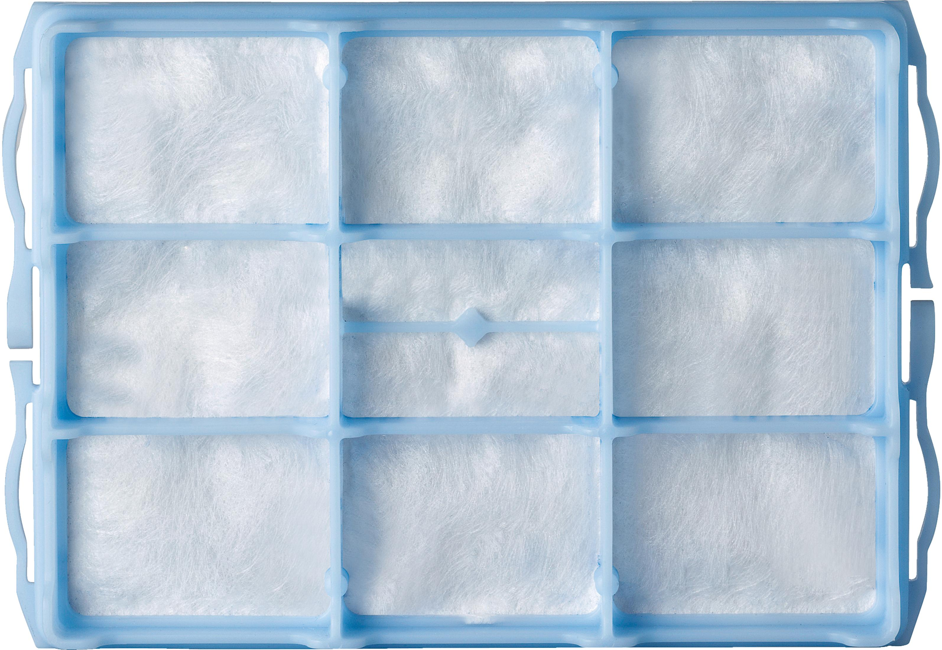 Un alloggiamento del filtro rettangolare blu chiaro con nove scomparti riempiti di materiale fibroso bianco.