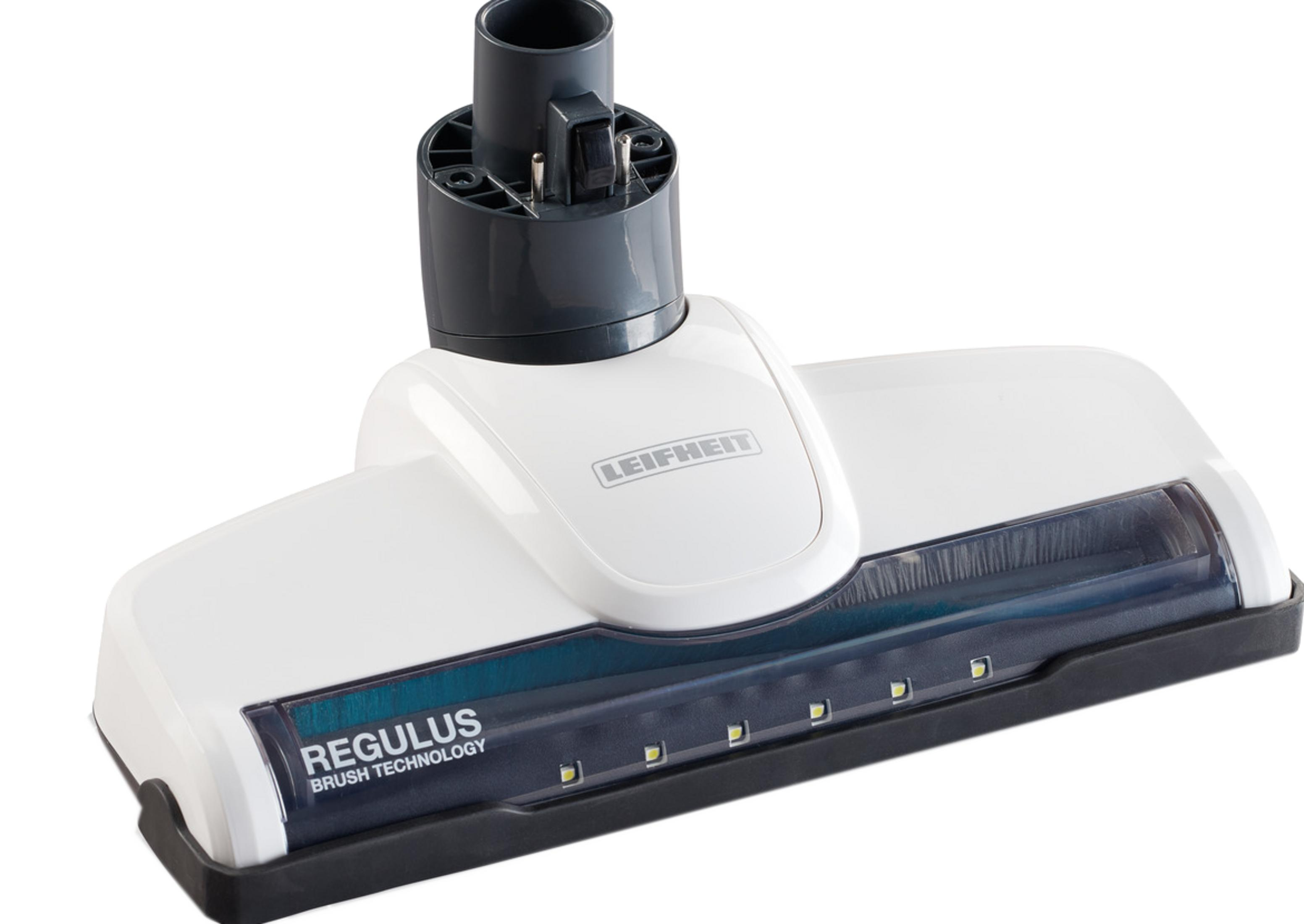 Ein weißer Staubsaugeraufsatz mit blauem Streifen und Lichtern.
