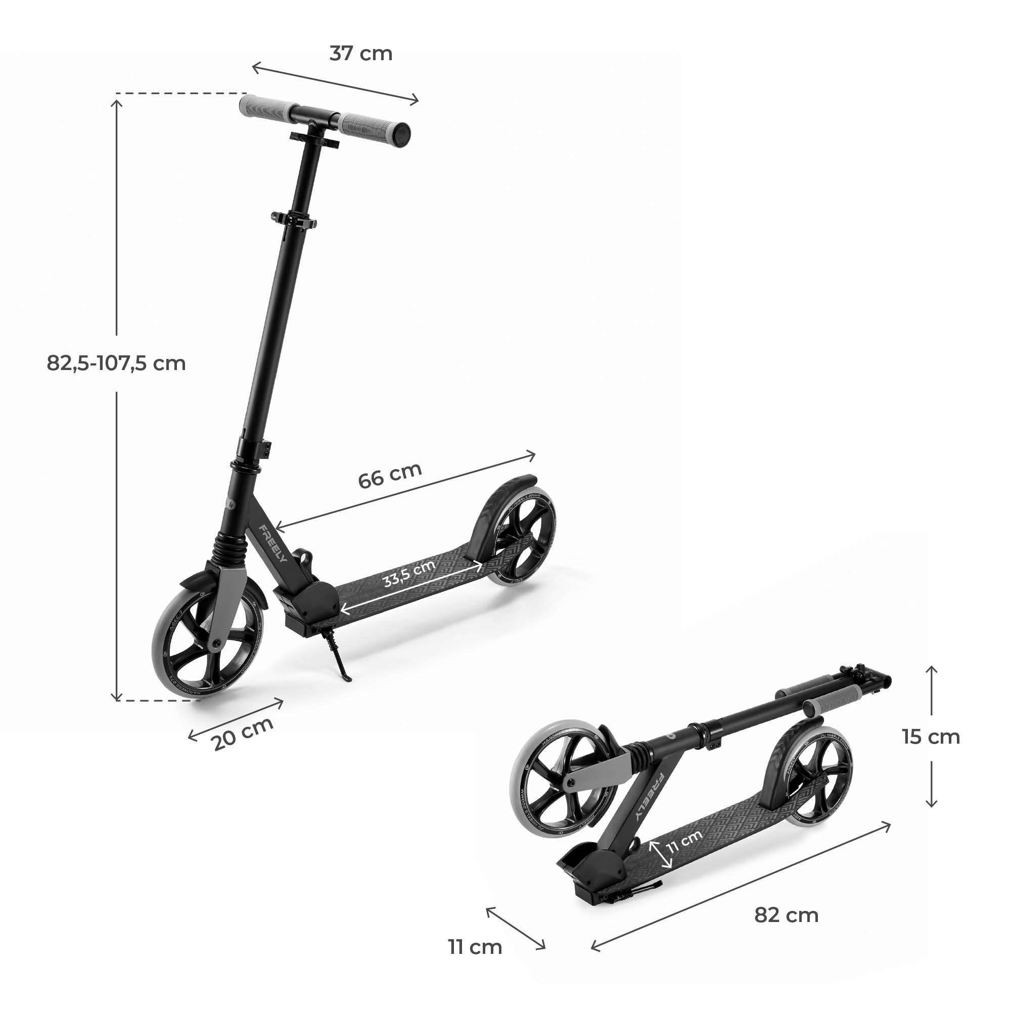 Ein schwarzer Roller mit Maßen: Höhe 82,5-107,5 cm, Breite 37 cm.