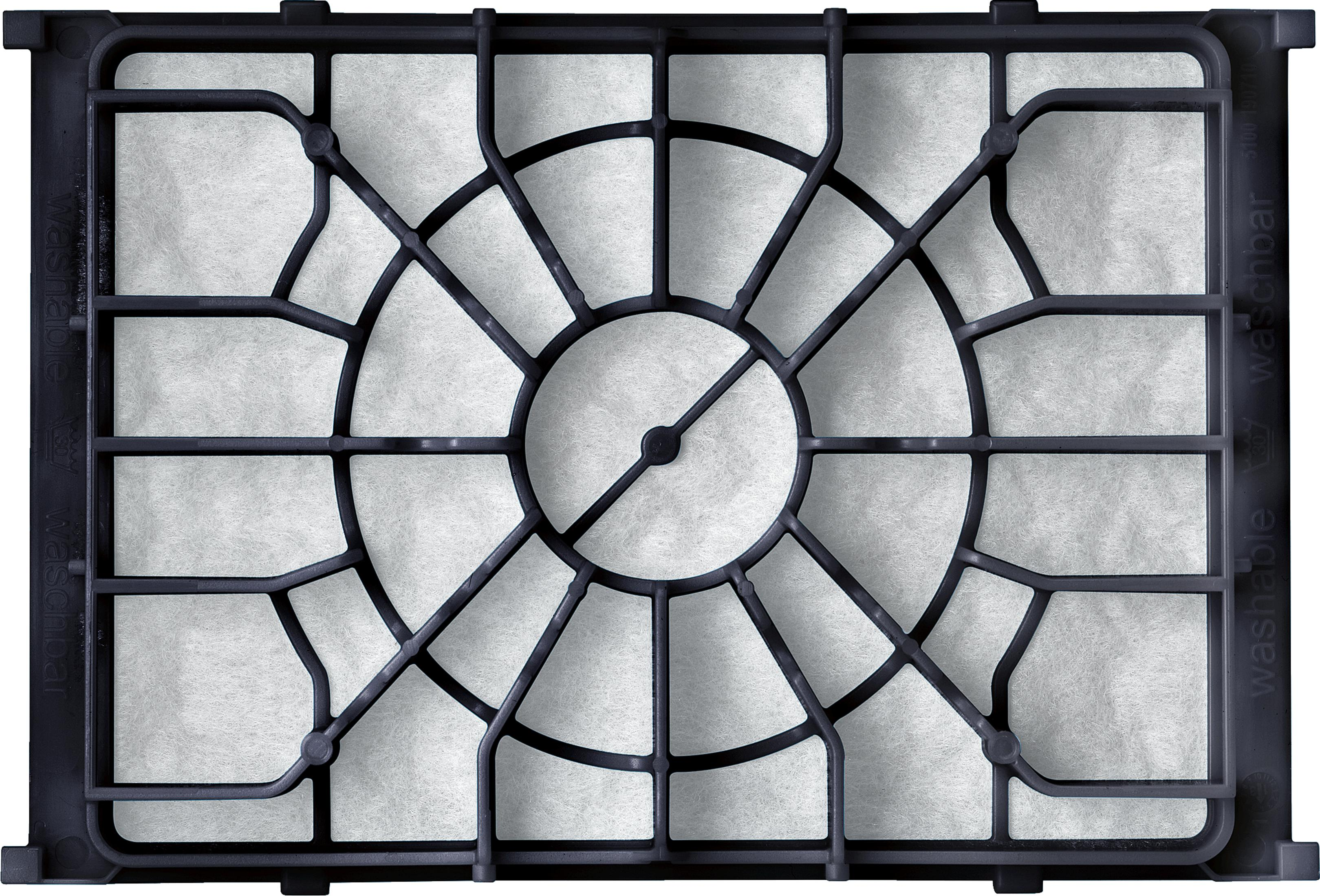 Un filtro nero rettangolare con motivo a griglia e materiale filtrante bianco.