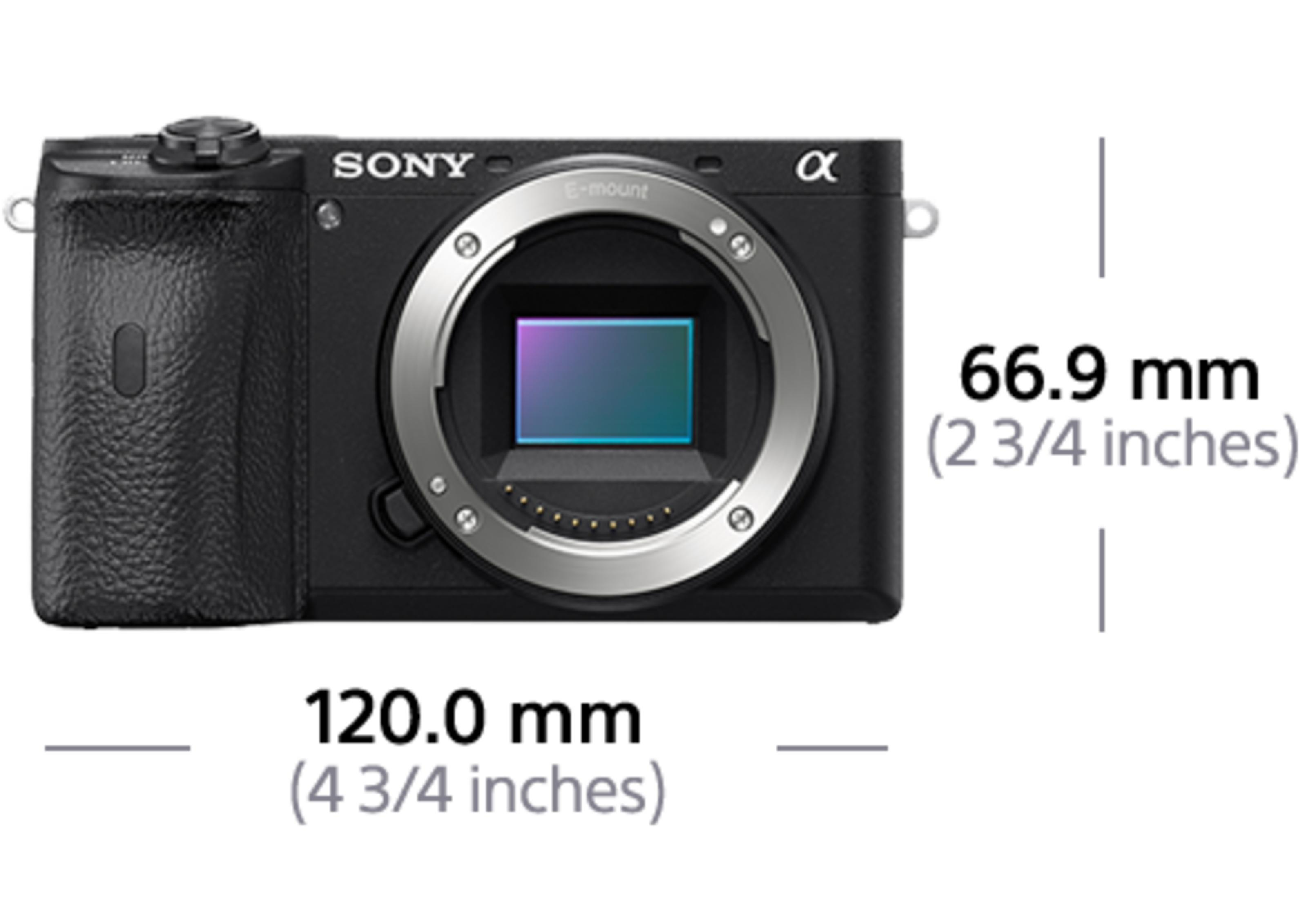 Schwarze Sony Alpha Kamera mit E-Bajonett, Maße 120mm und 66,9mm.
