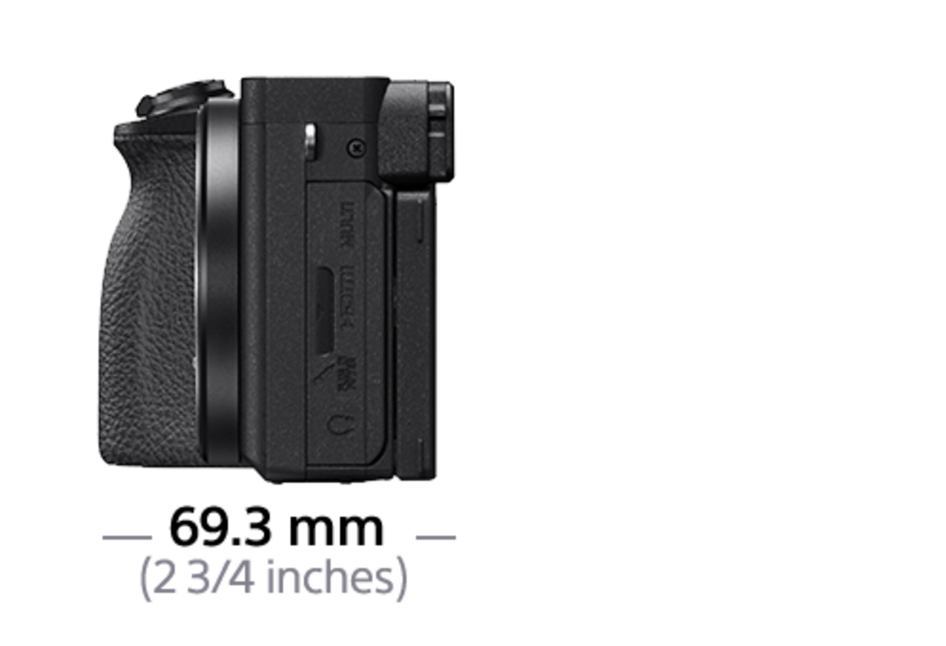 Schwarze Kamera mit Anschlüssen und Maßangabe 69,3 mm (2 3/4 Zoll).