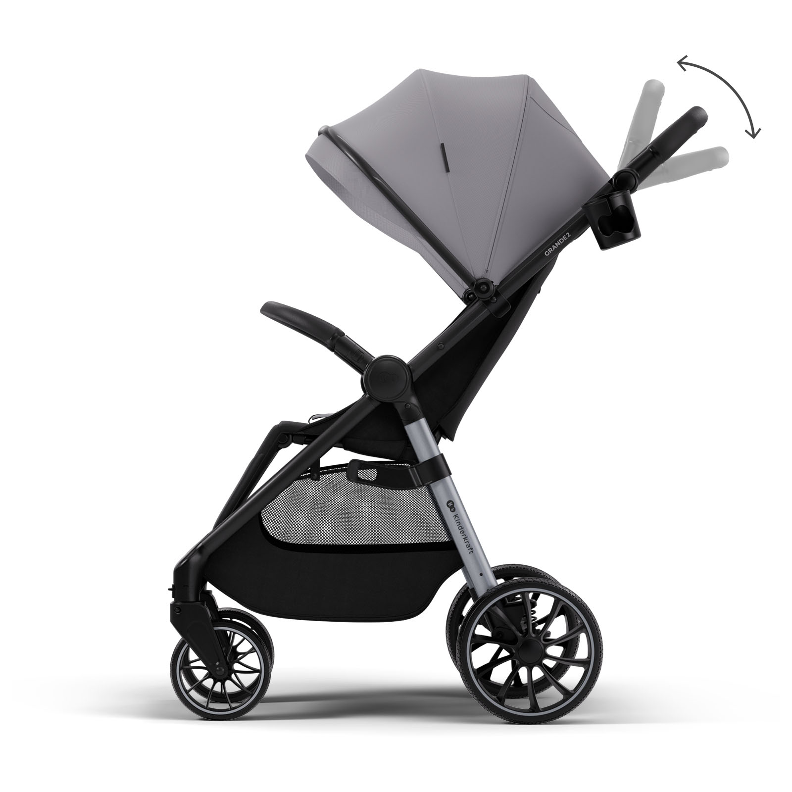Grauer Kinderwagen mit schwarzem Korb und verstellbarem Griff.