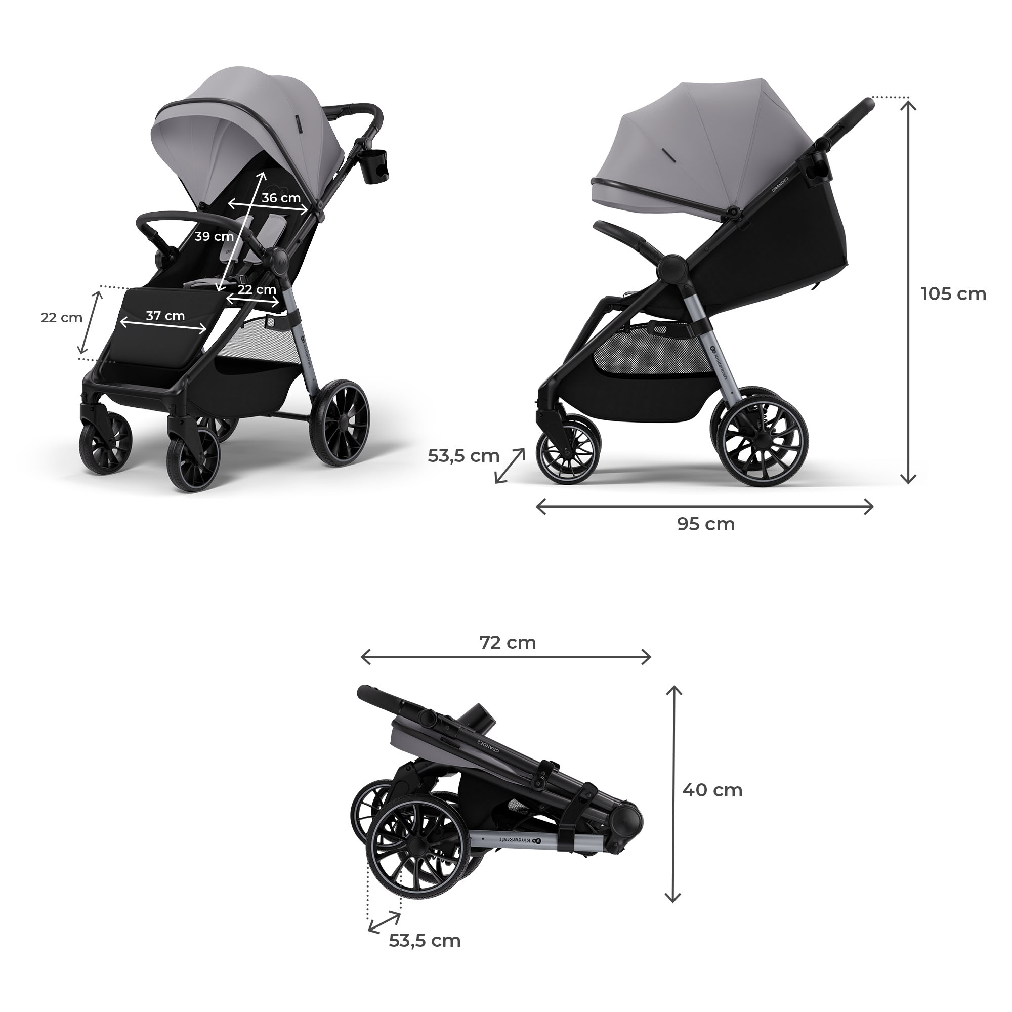 Kinderwagen in Grau und Schwarz, Maße werden angezeigt.
