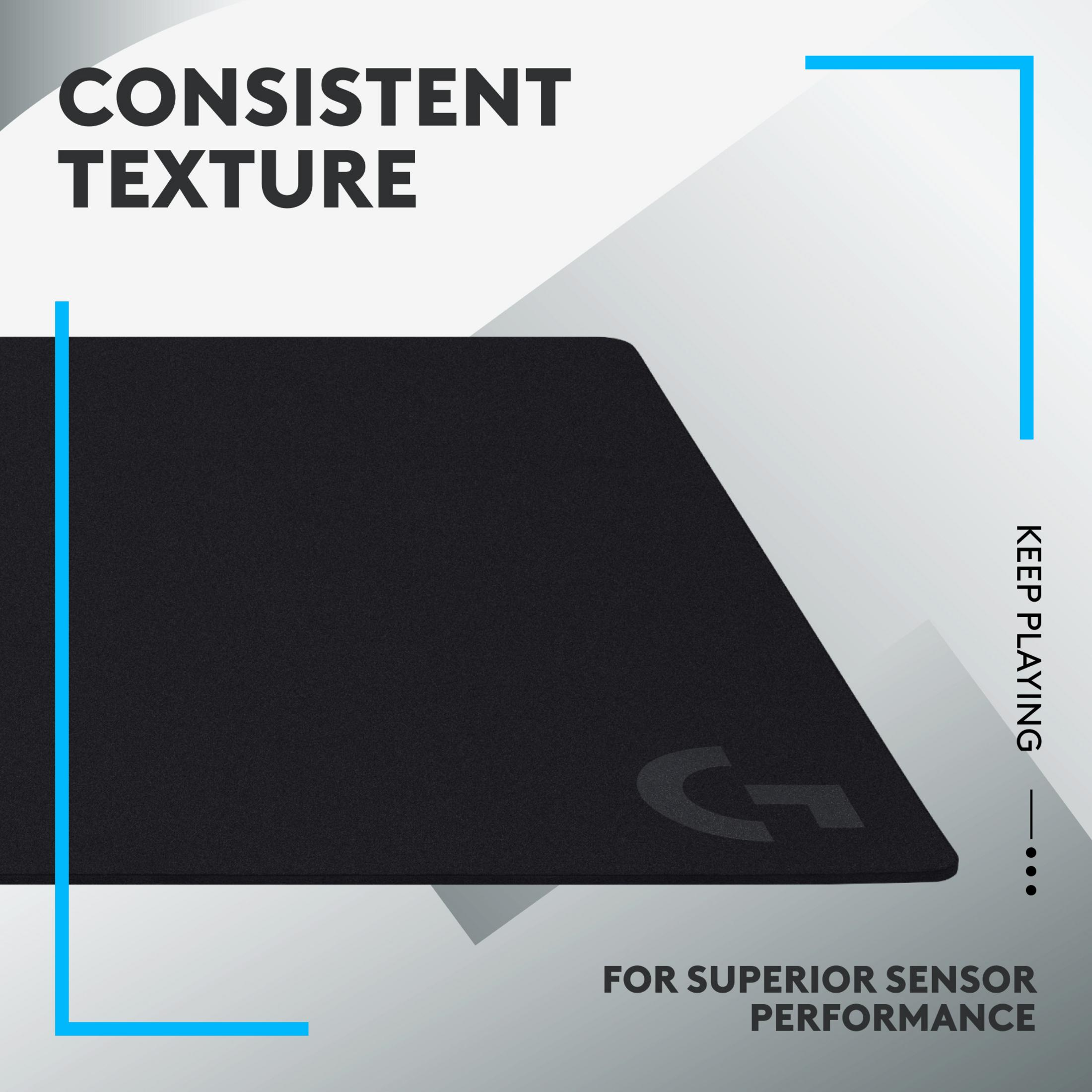 Schwarzes Mauspad mit Logo, Text: CONSISTENT TEXTURE.
