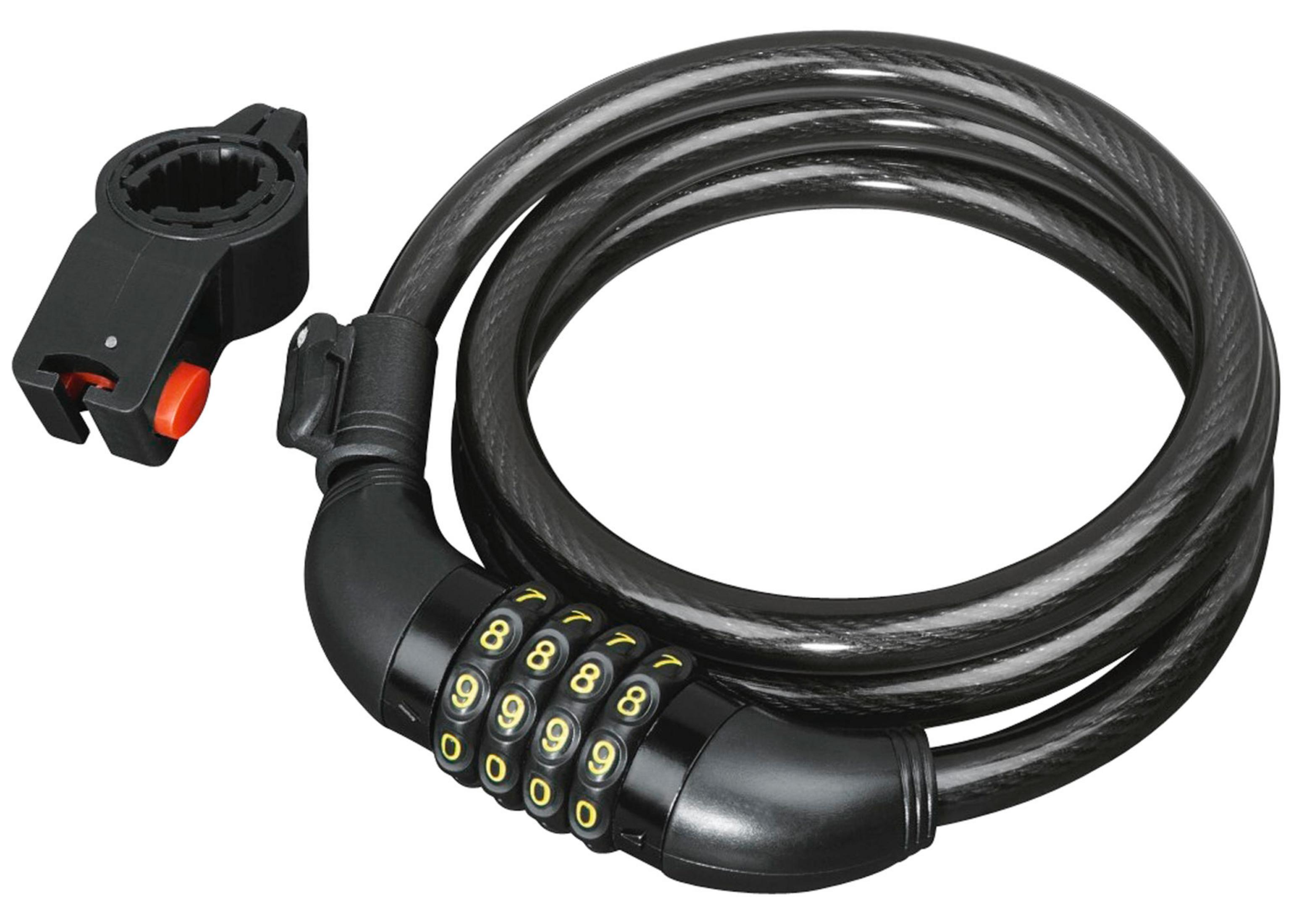 Czarna linka rowerowa z zamkiem szyfrowym i uchwytem.