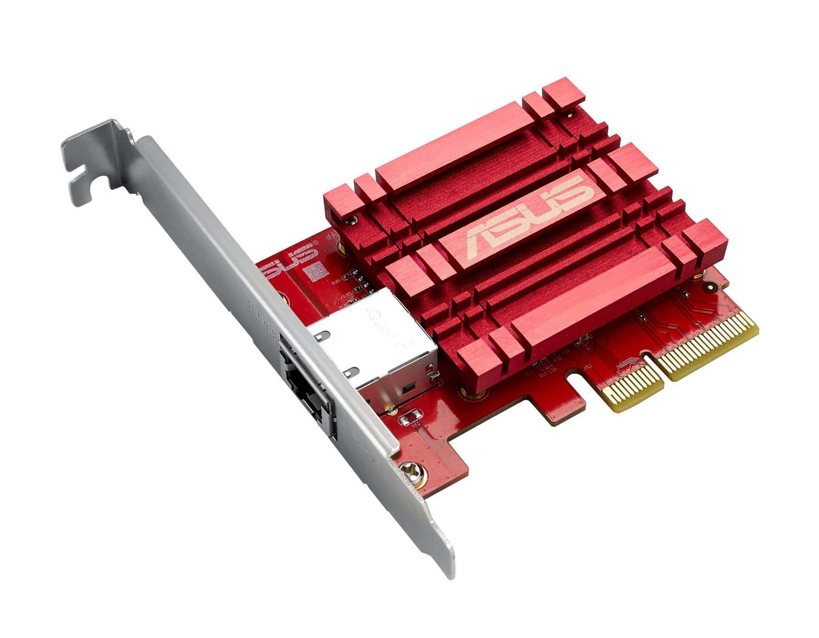 Disipador rojo de tarjeta de red ASUS con conector plateado y contactos dorados.