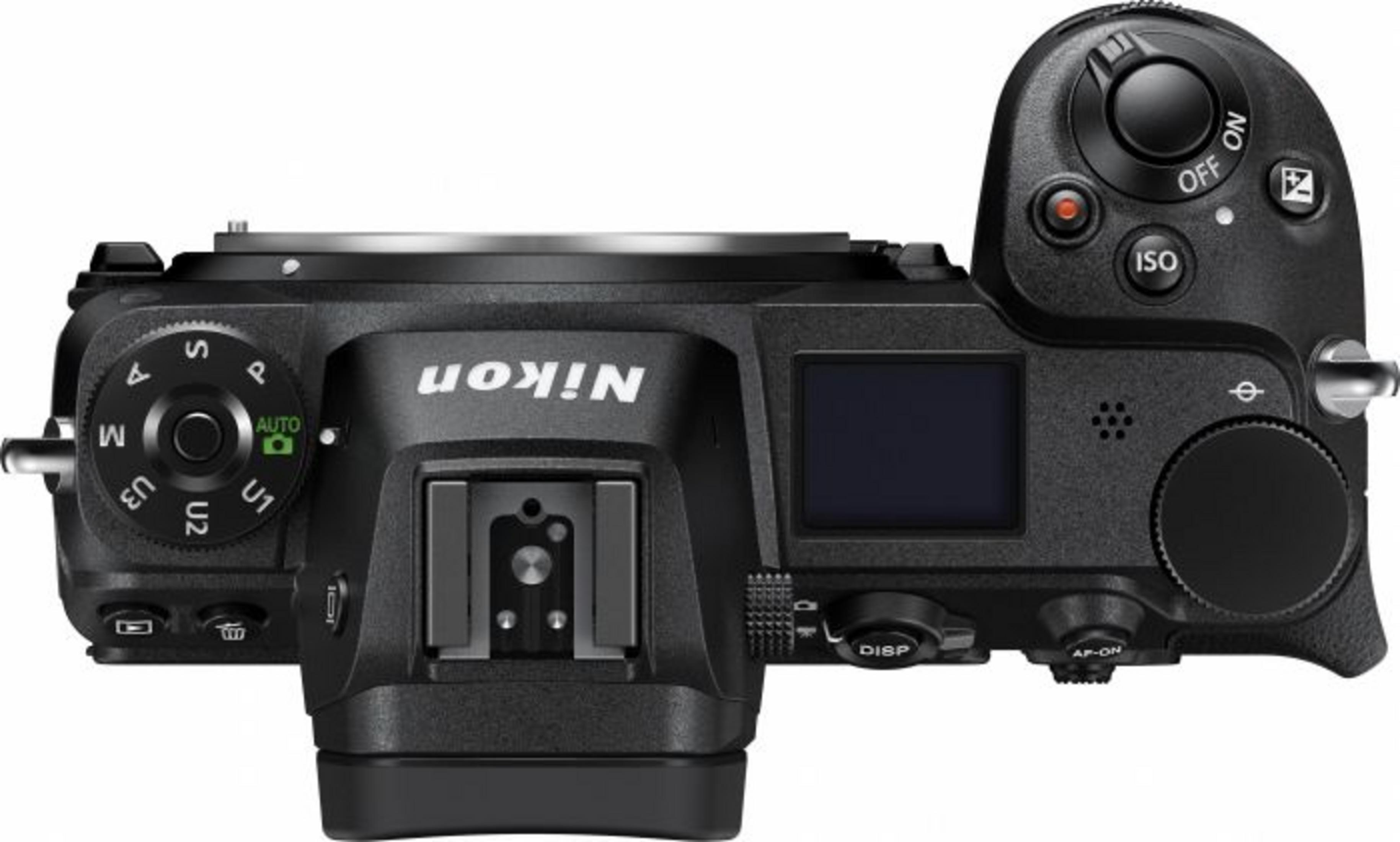 Oberansicht einer schwarzen Nikon-Kamera mit Bedienelementen und einem kleinen Bildschirm.