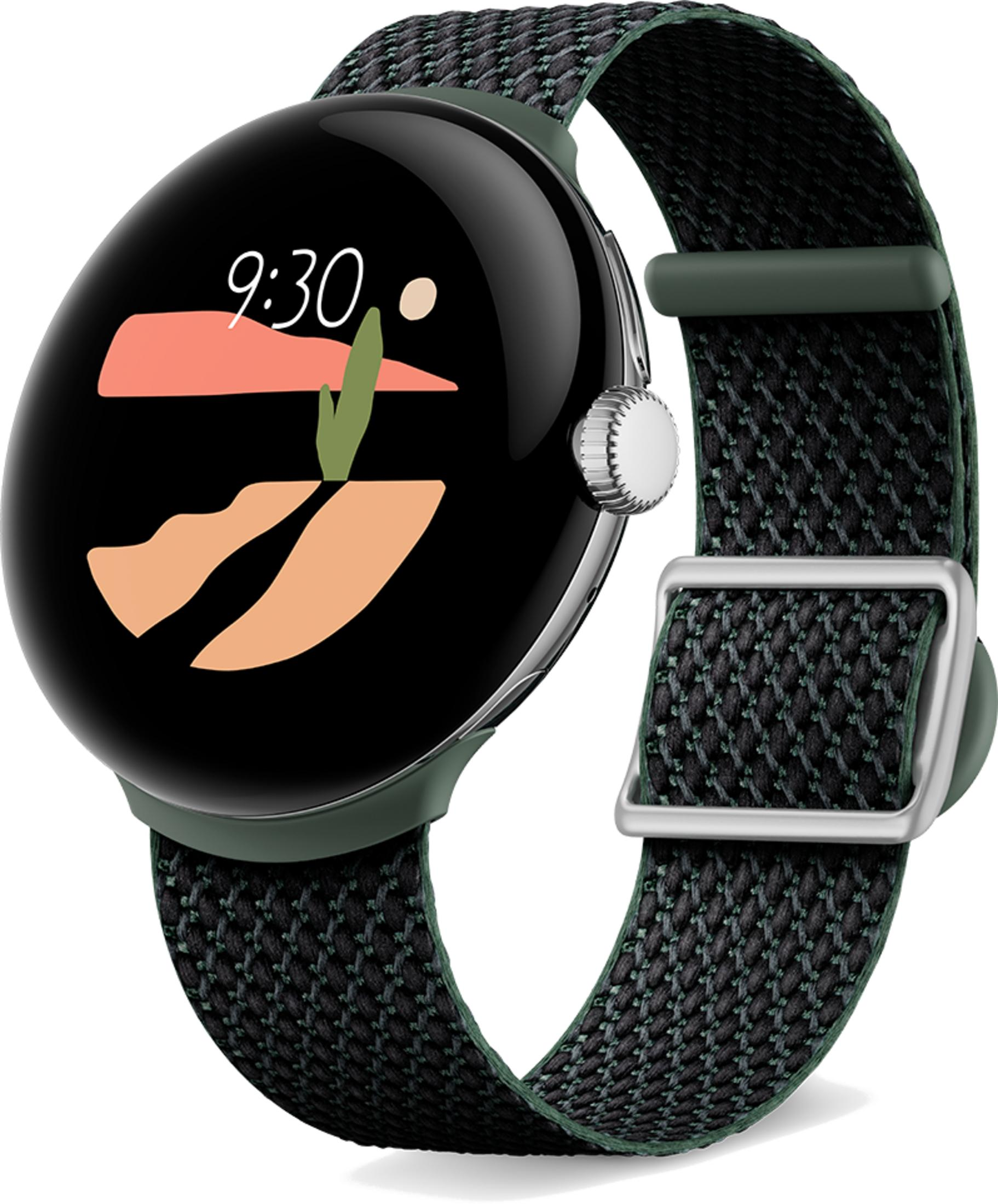 Uno smartwatch verde con quadrante stilizzato a carota e cinturino in tessuto.