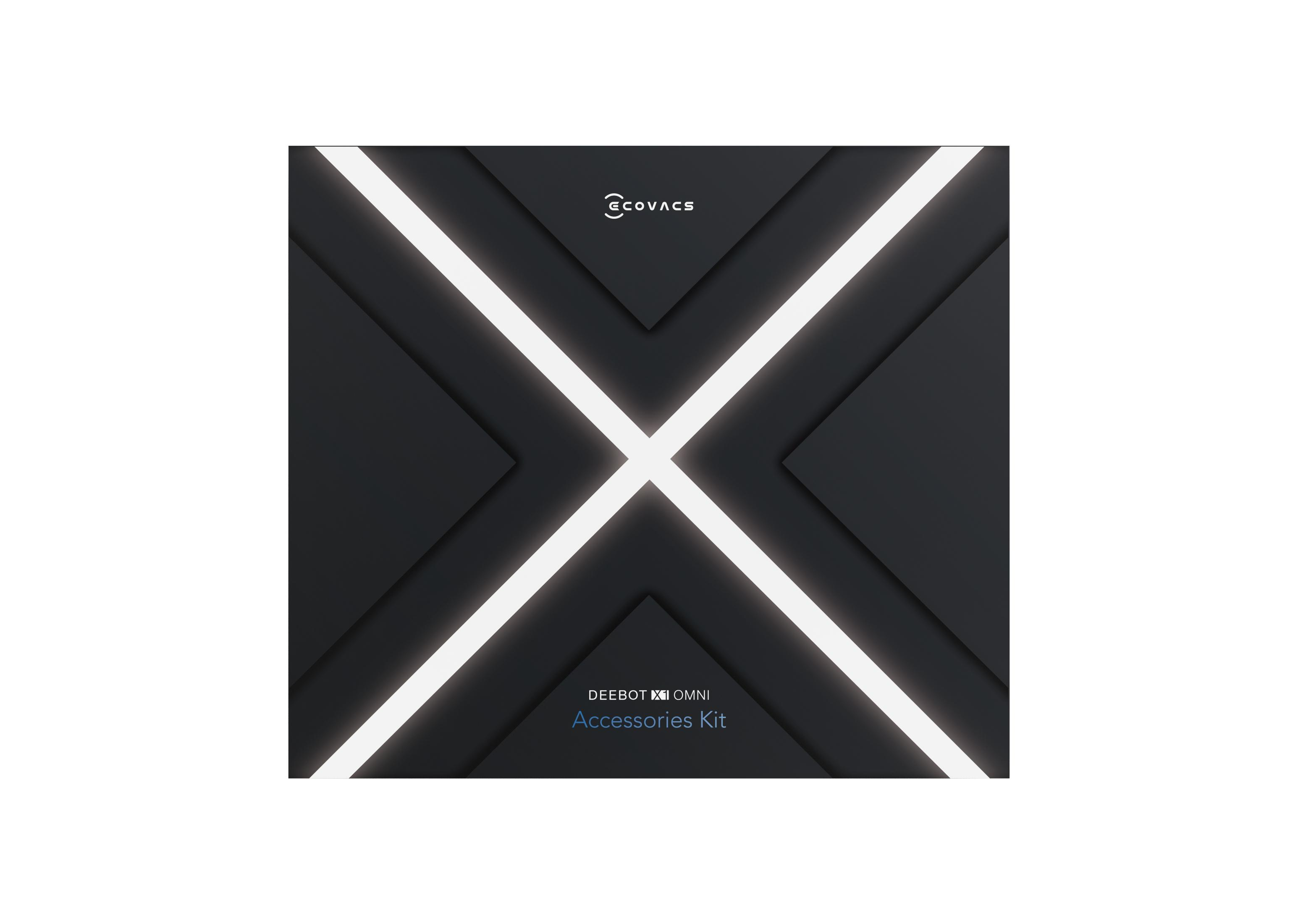 Ciemnoszare tło z białymi pasami światła i logo ECOVACS.