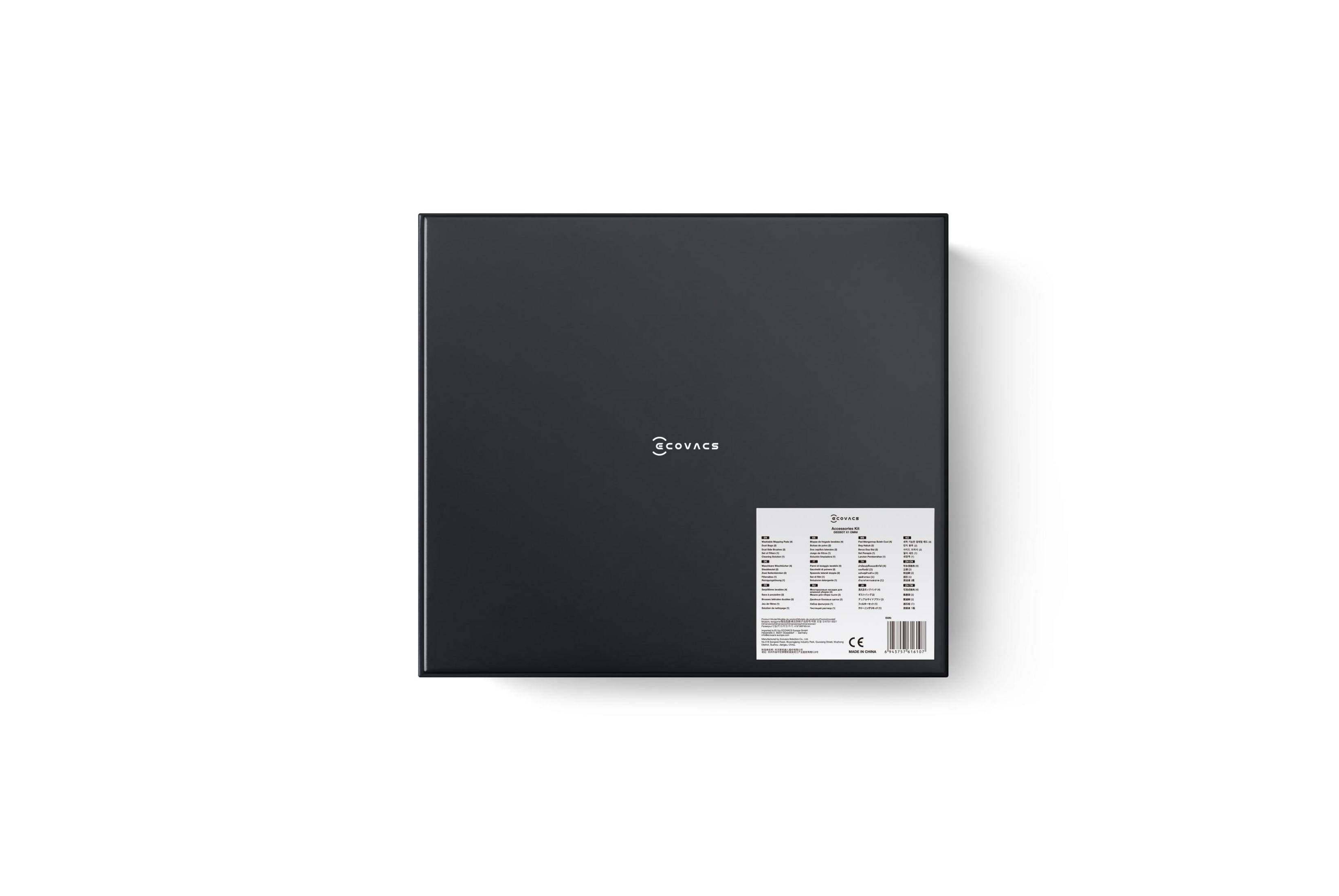 Czarne pudełko z logo ECOVACS i wielojęzyczną listą akcesoriów.