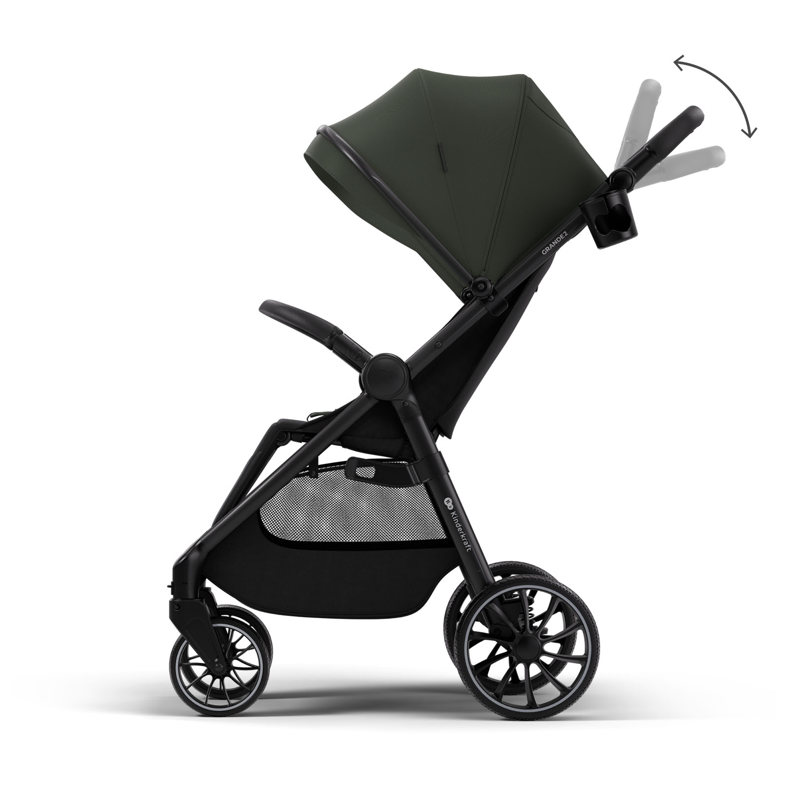 Ein dunkelgrüner Kinderwagen mit schwarzem Rahmen und Rädern.