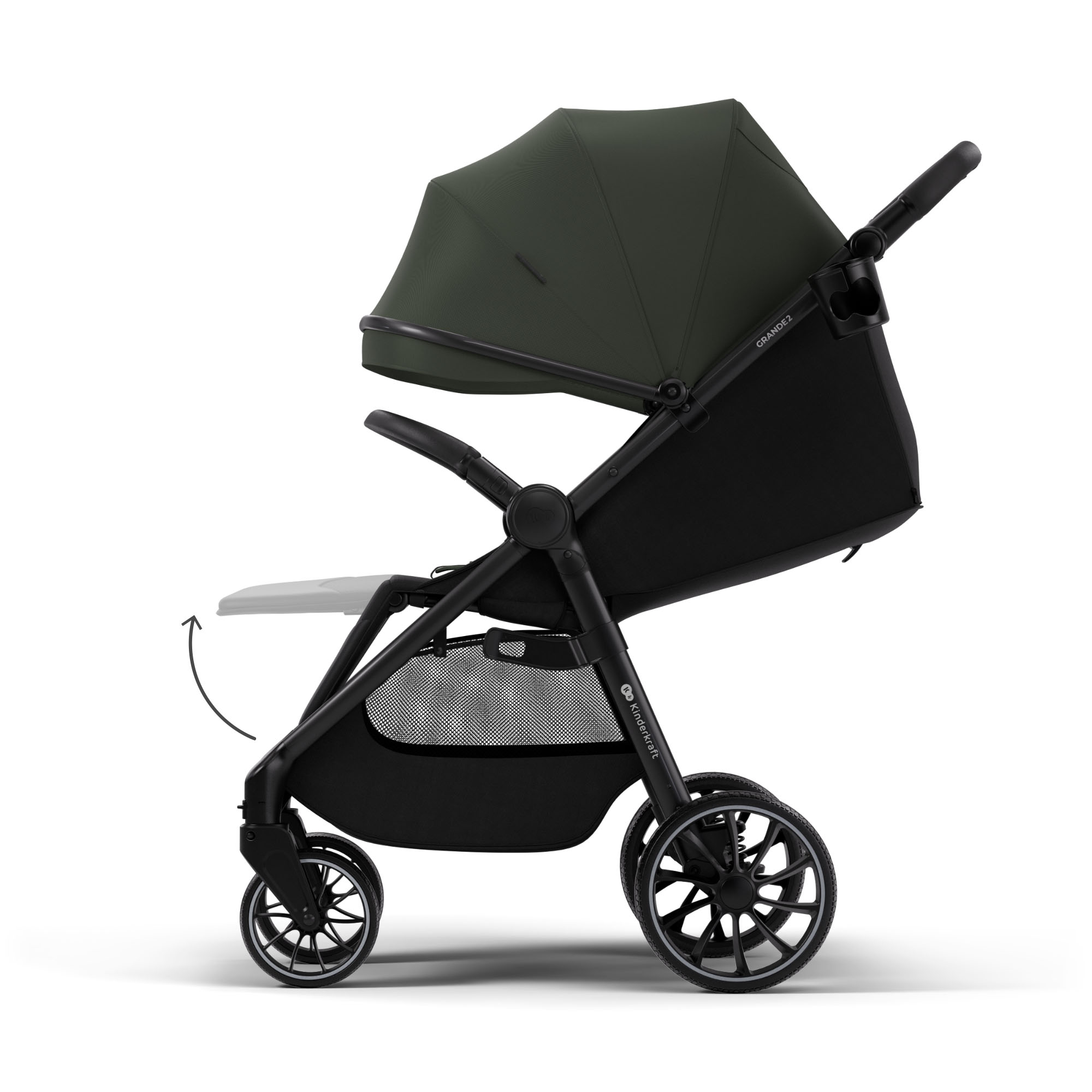 Ein dunkelgrüner Kinderwagen mit schwarzem Gestell und Einkaufskorb.