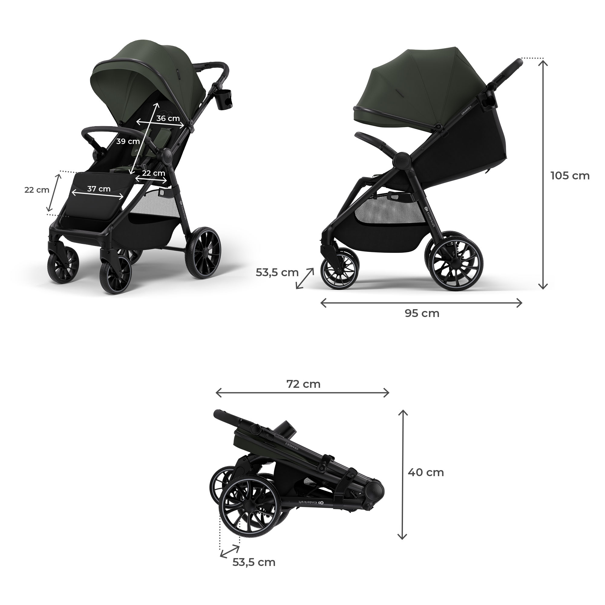 Ein Kinderwagen in Dunkelgrün mit Maßen, auf weißem Hintergrund.