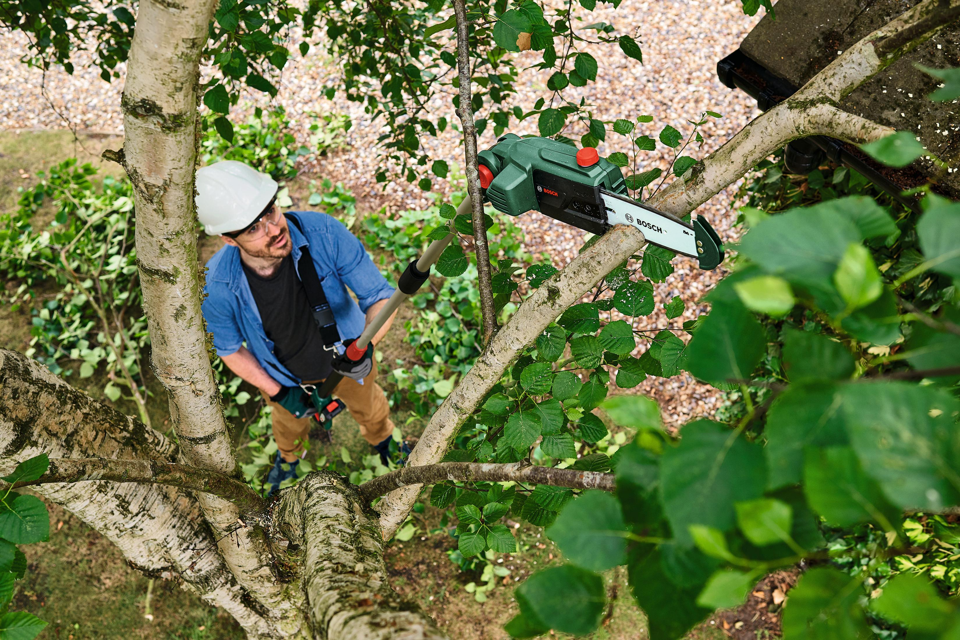 Mann mit Helm schneidet Ast mit Kettensäge auf Baum.