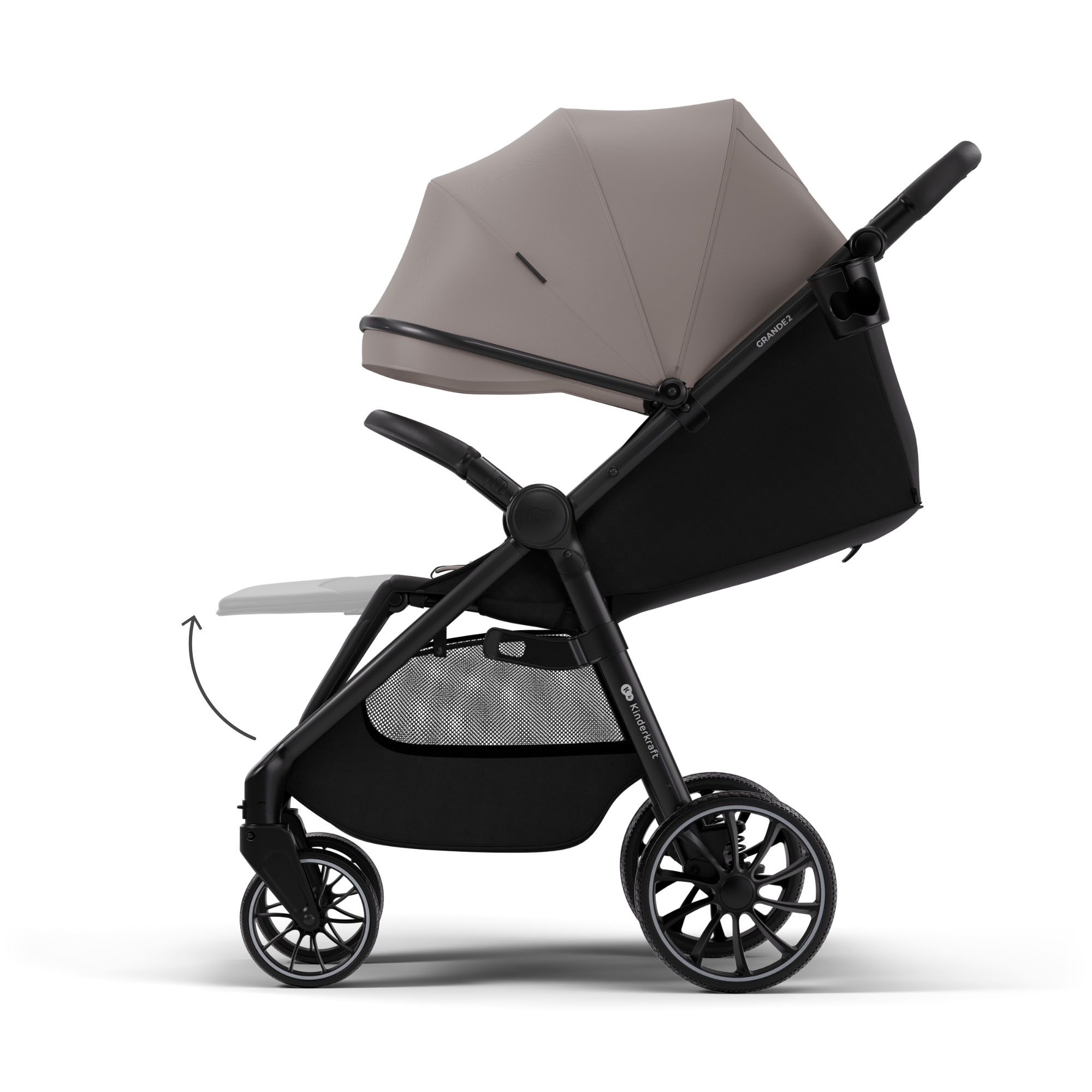 Ein schwarzer Kinderwagen mit beigefarbener Haube und einem Getränkehalter.