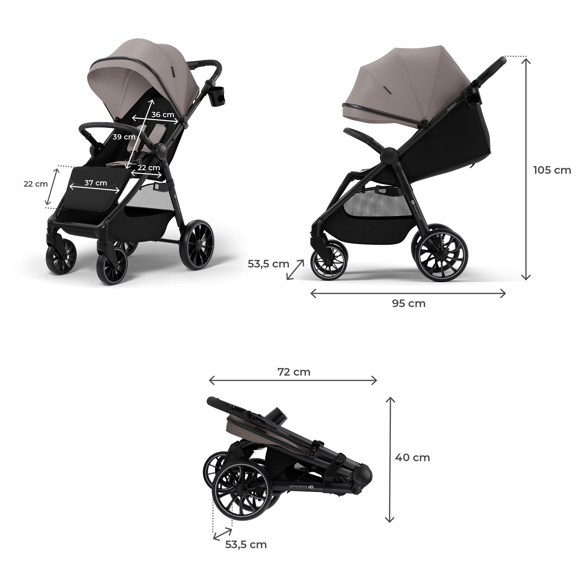 Ein Kinderwagen in Schwarz und Beige wird mit Maßen gezeigt.