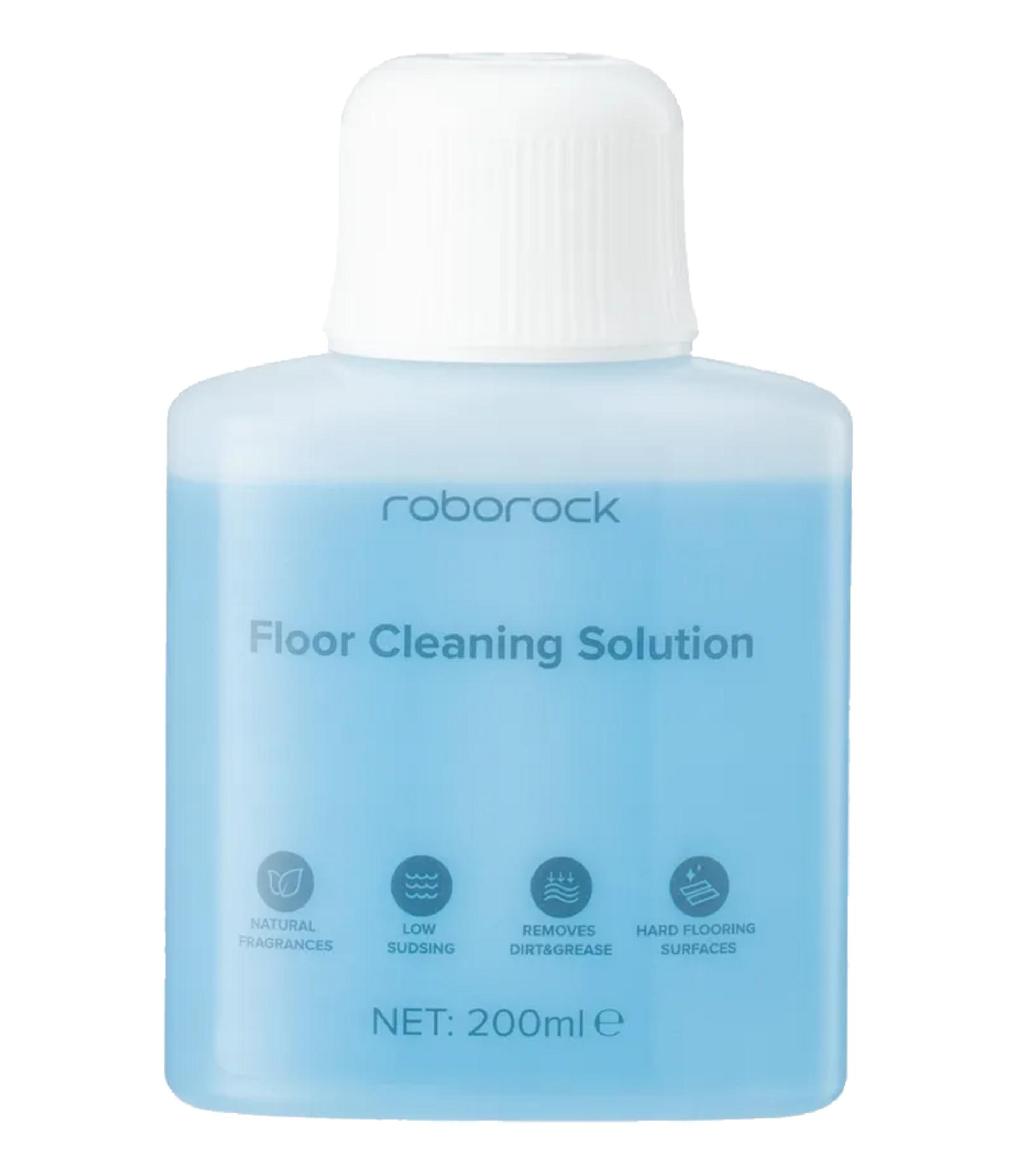 Roborock Bodenreiniger-Flasche mit blauer Flüssigkeit. Merkmale: natürliche Düfte, wenig Schaum, entfernt Schmutz & Fett, Hartböden.