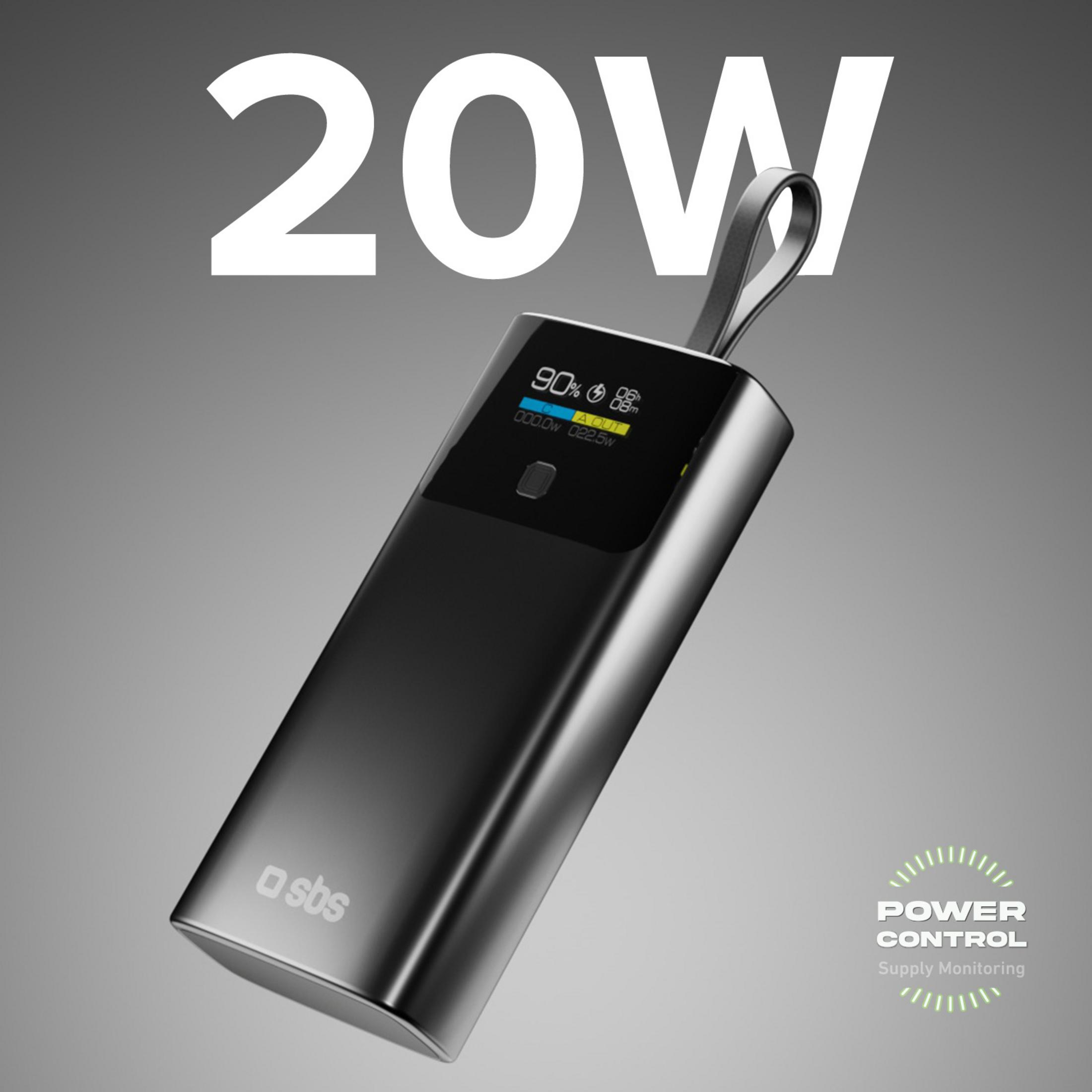 Czarny power bank z wyświetlaczem 20W, 90% baterii i logo SBS.