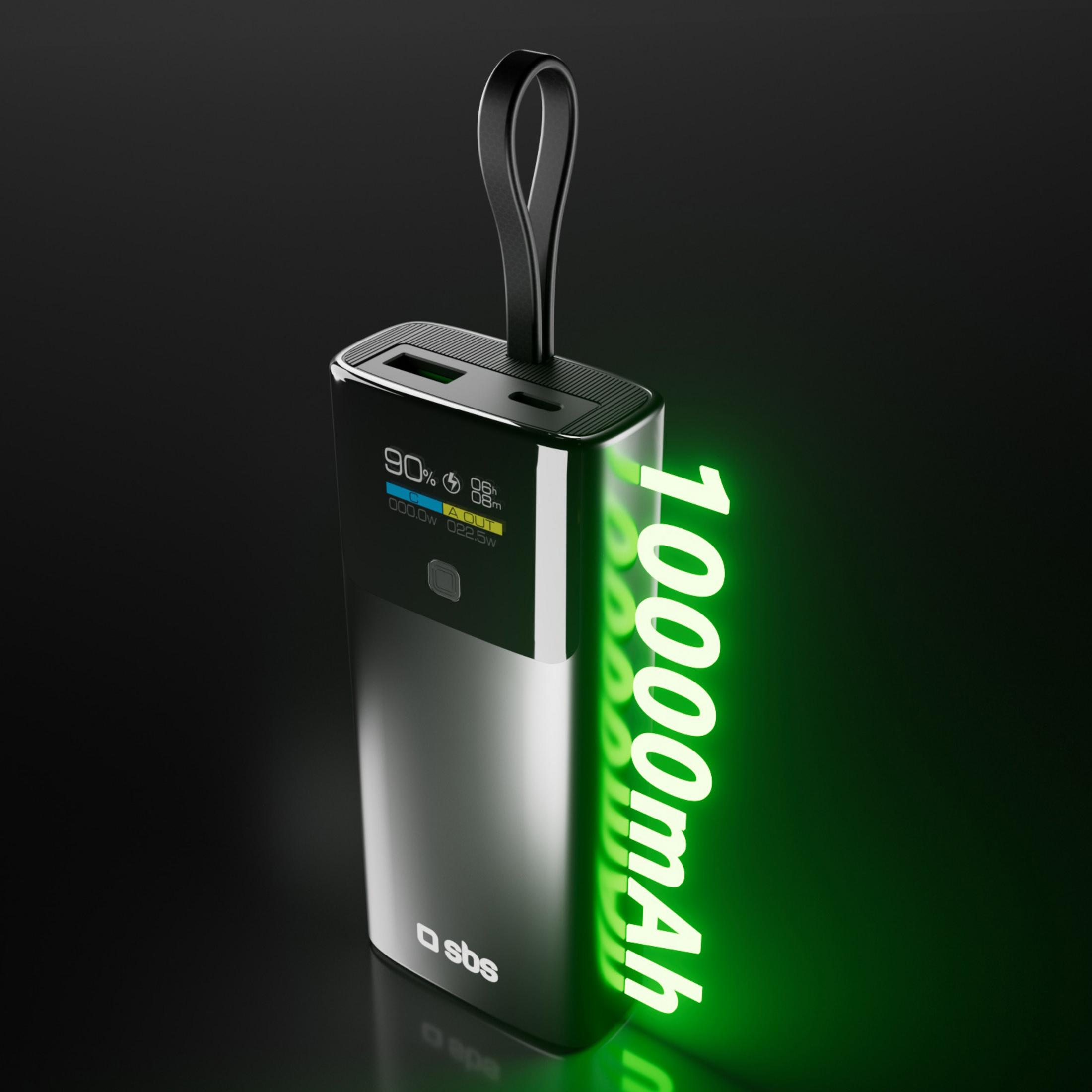 Czarny power bank z napisem 10000mAh, na ciemnym tle.