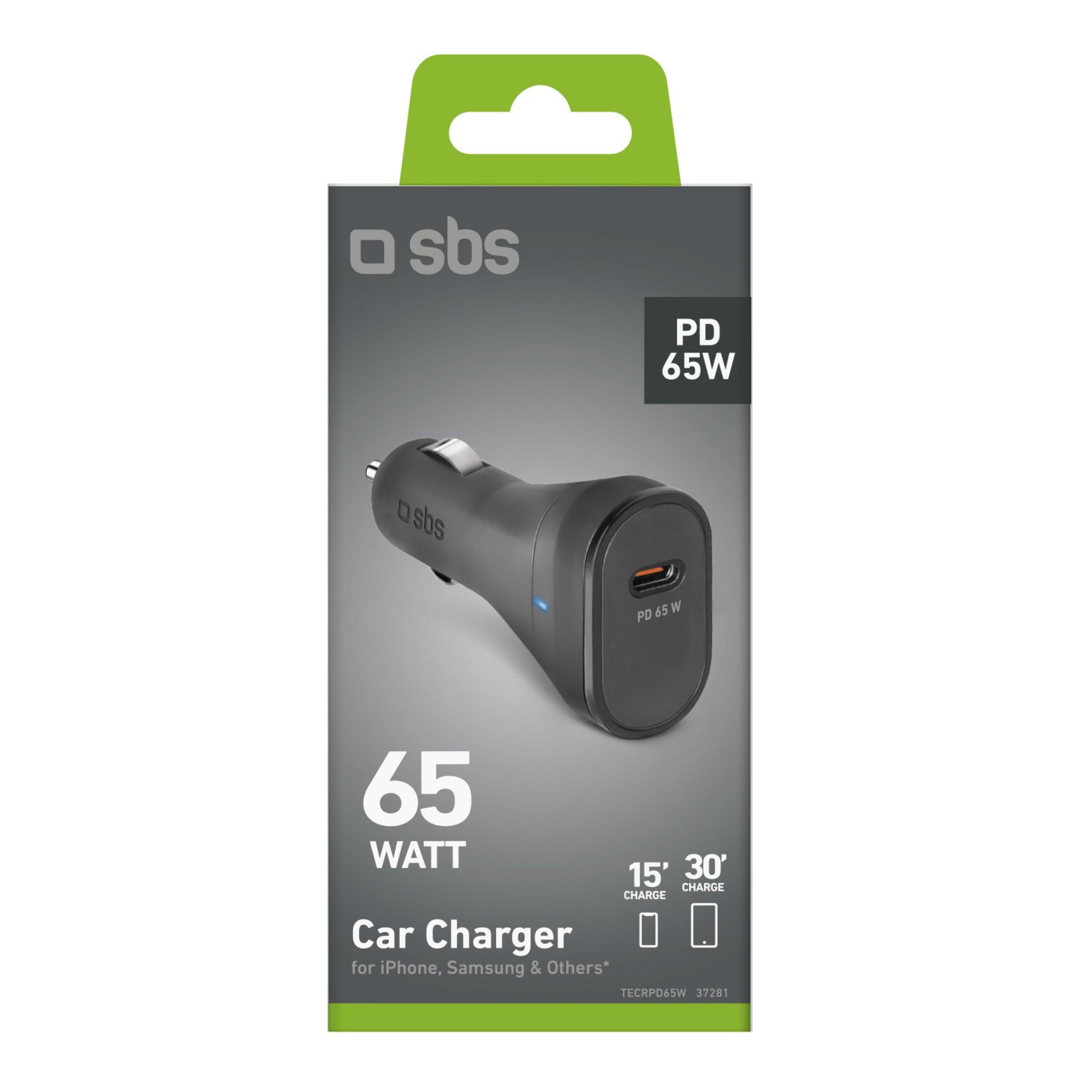 Cargador de coche negro, 65W, con puerto USB-C, para iPhone, Samsung.