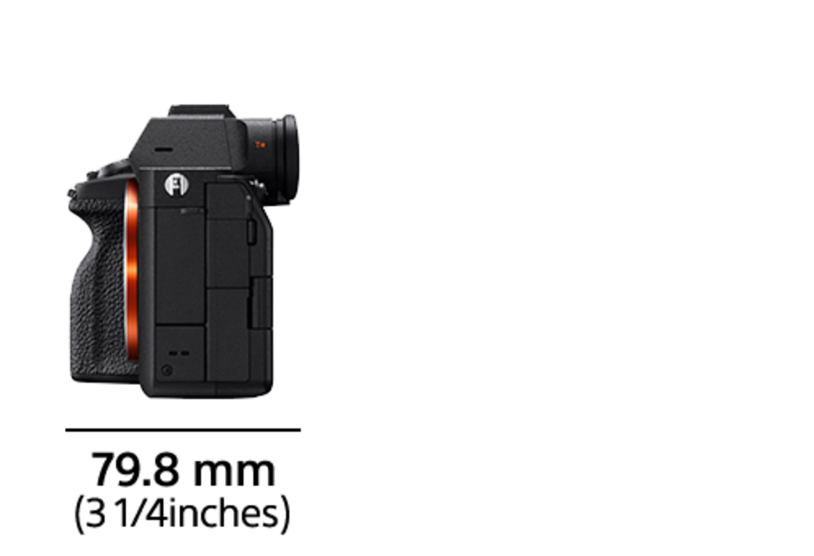 Zwarte camera van de zijkant, breedte 79,8 mm (3 1/4 inch).