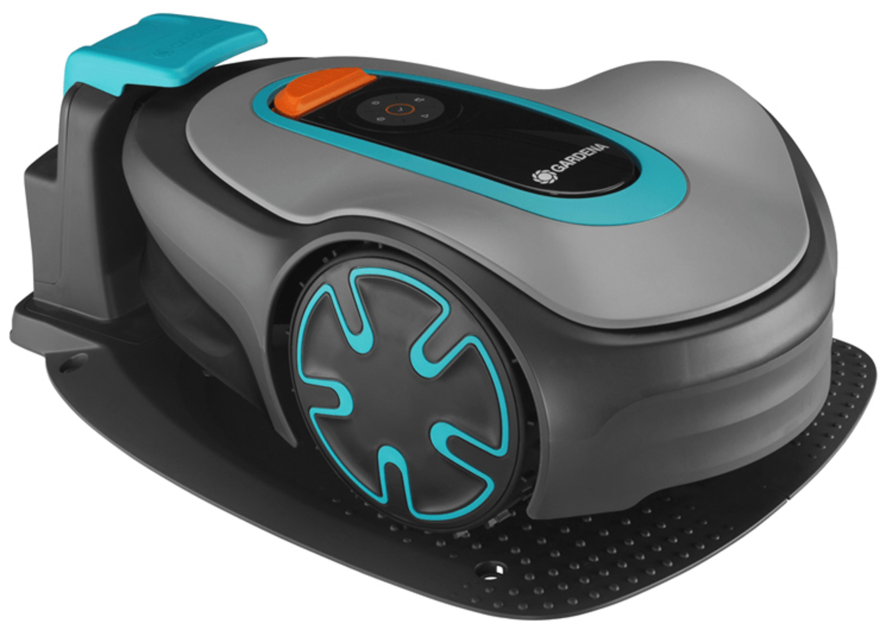 Ein grauer Mähroboter mit türkisfarbenen Akzenten und einem orangefarbenen Knopf.