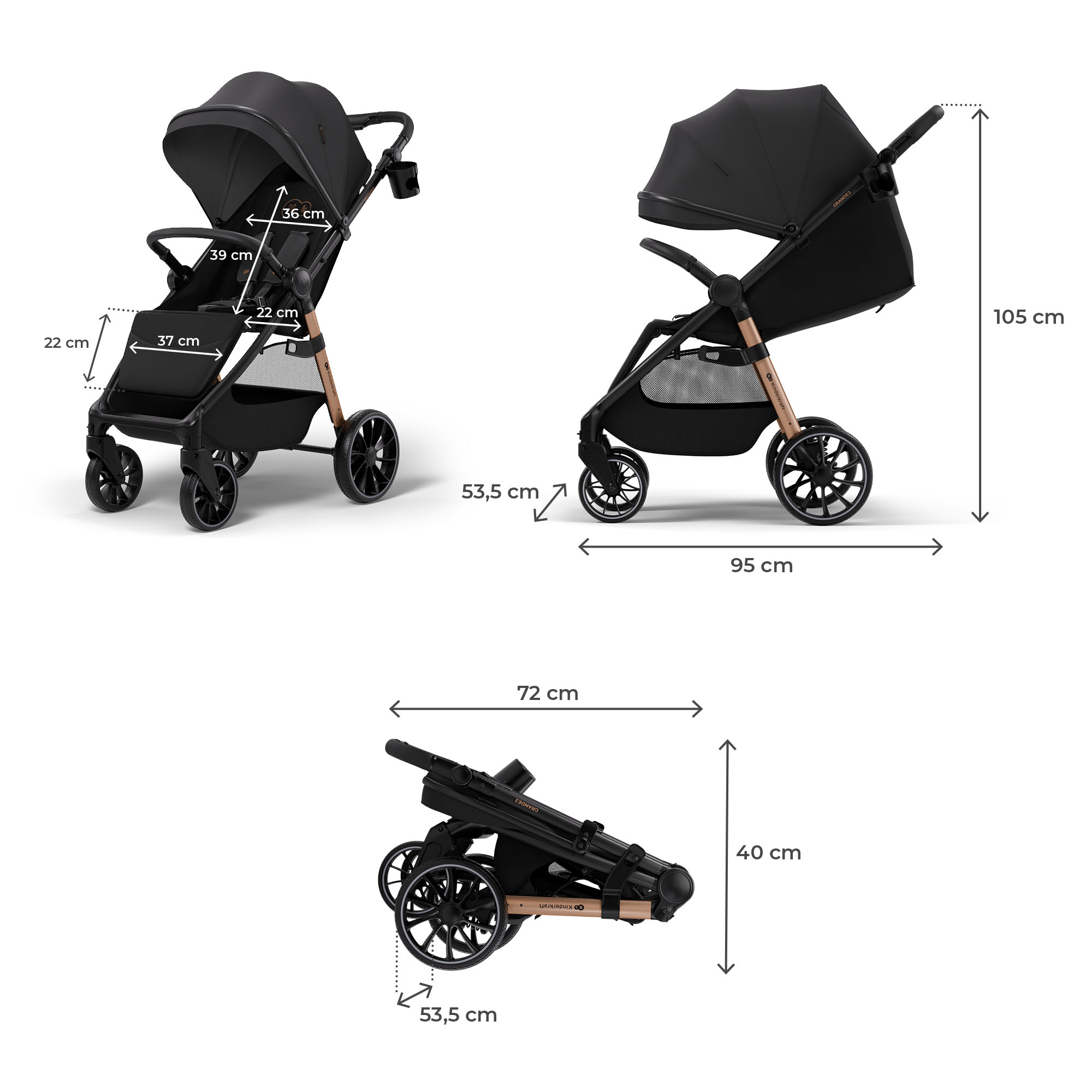 Ein schwarzer Kinderwagen in drei Ansichten mit Maßangaben.