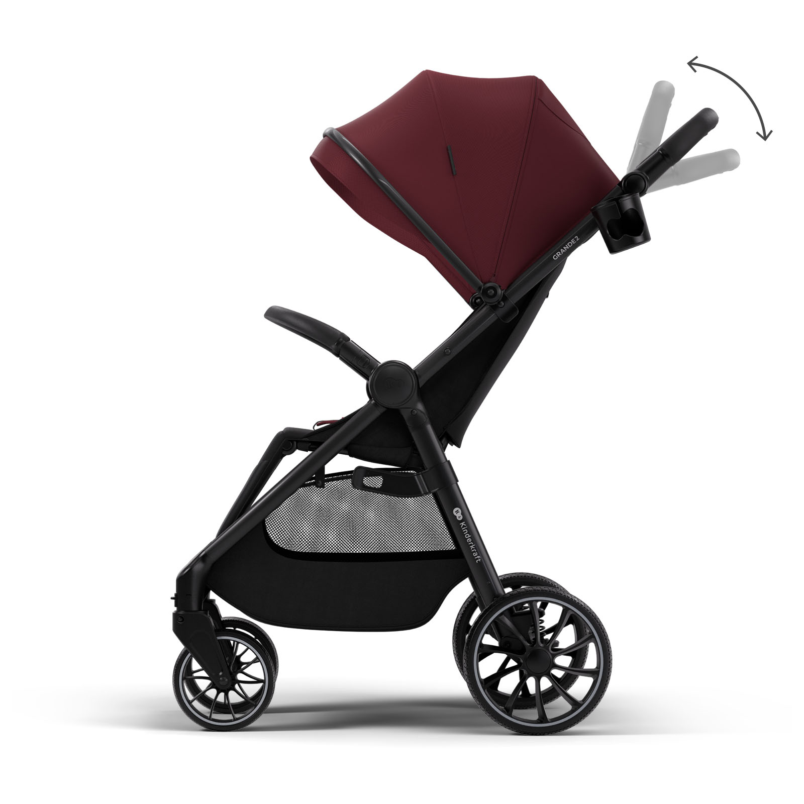 Ein burgunderroter Kinderwagen mit schwarzem Rahmen und Rädern.