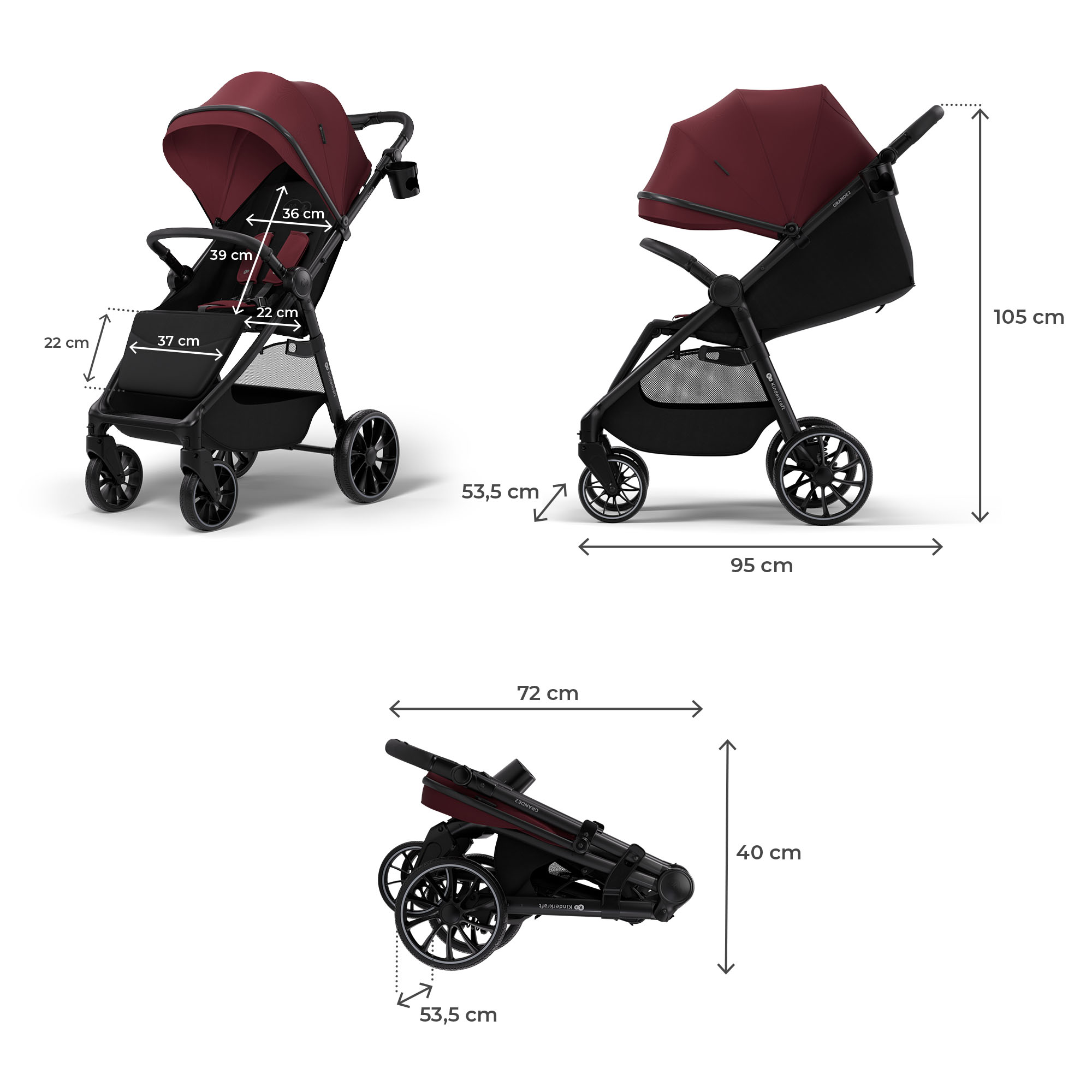 Ein Kinderwagen mit Maßen und eine zusammengeklappte Ansicht.