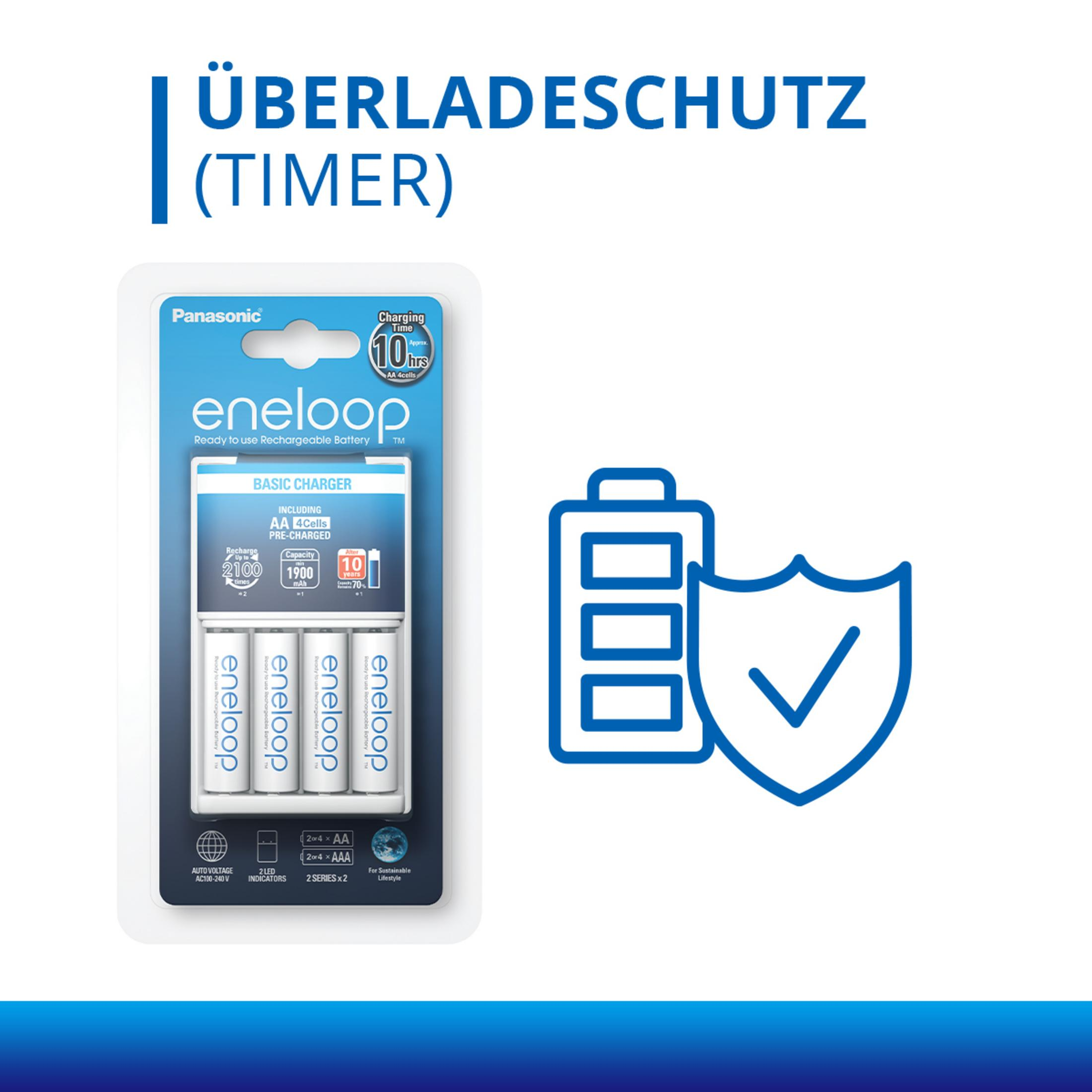 Panasonic eneloop AA Batterien im Ladegerät mit Schutzsymbol