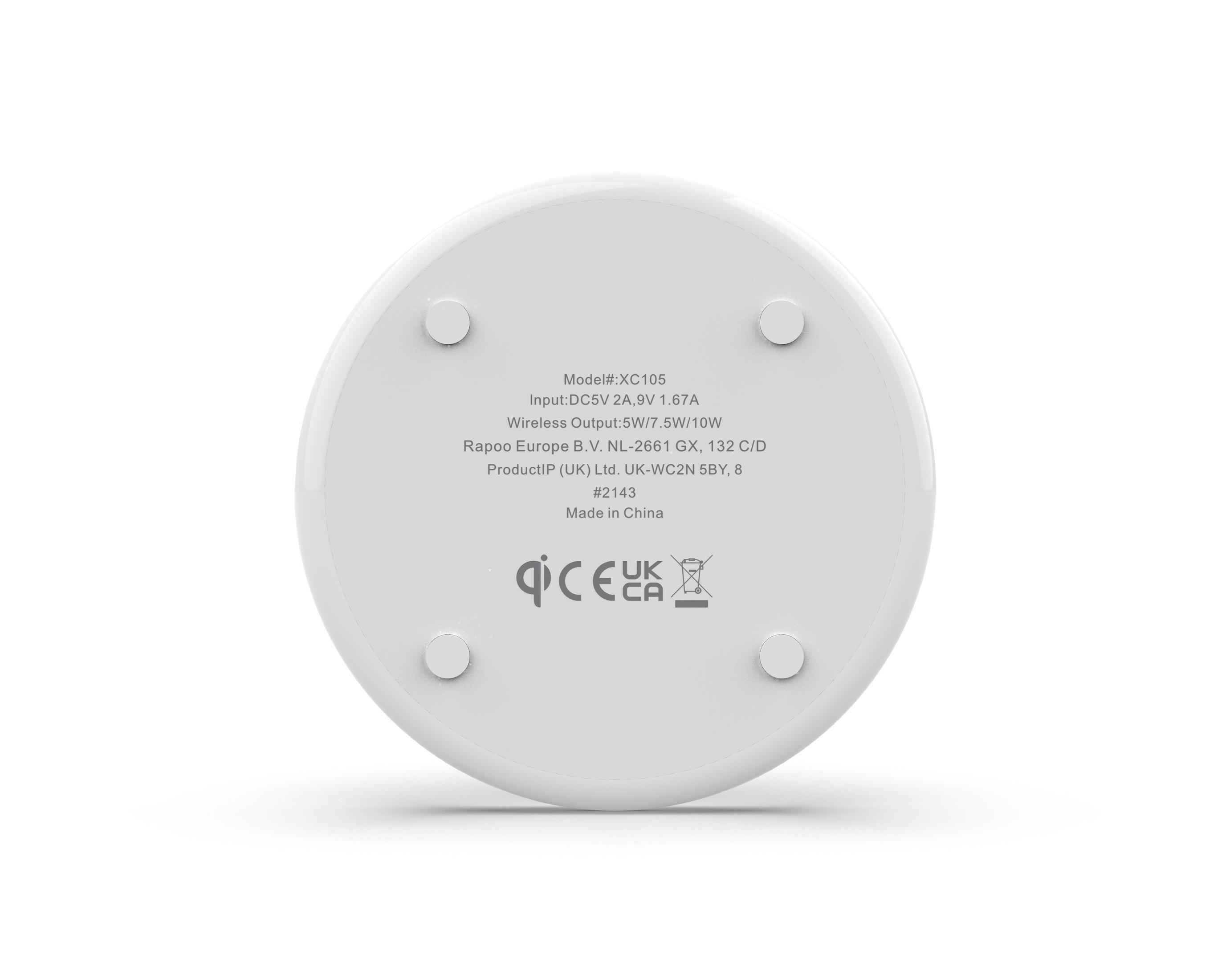 Unterseite eines weißen runden Geräts mit Modellnummer XC105 und Zertifizierungsmarkierungen.