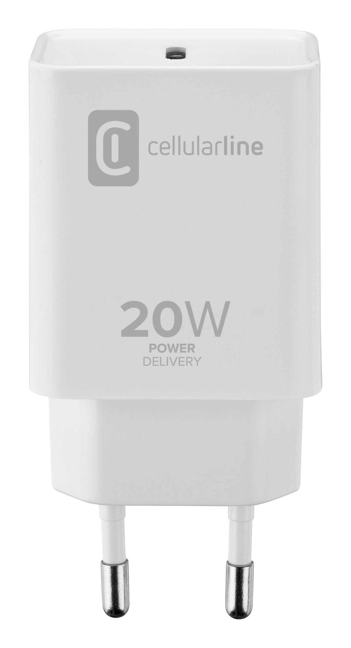 Un adaptateur secteur blanc Cellularline 20W Power Delivery avec deux broches.