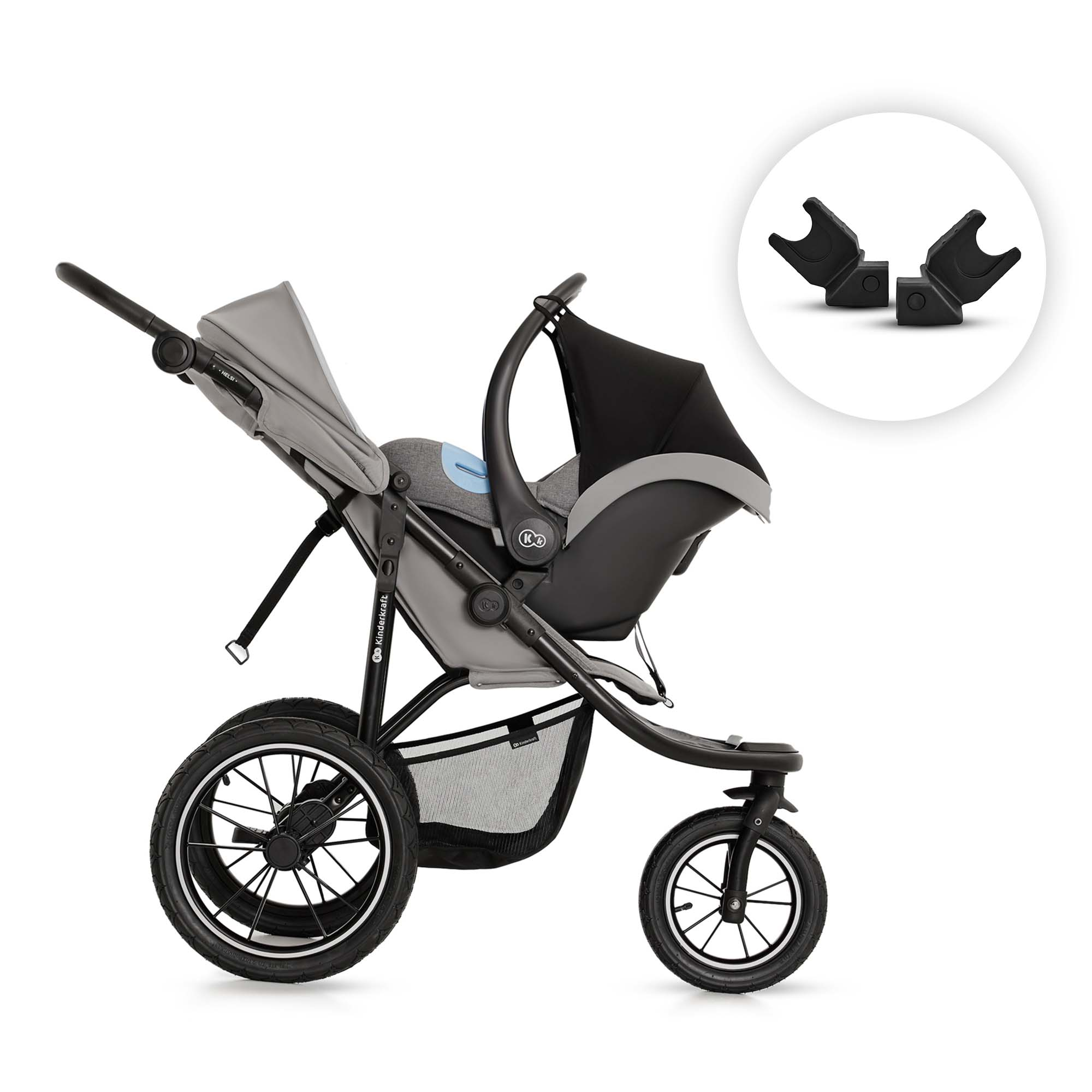 Grauer Kinderwagen mit Babytrage und Adapter-Set.