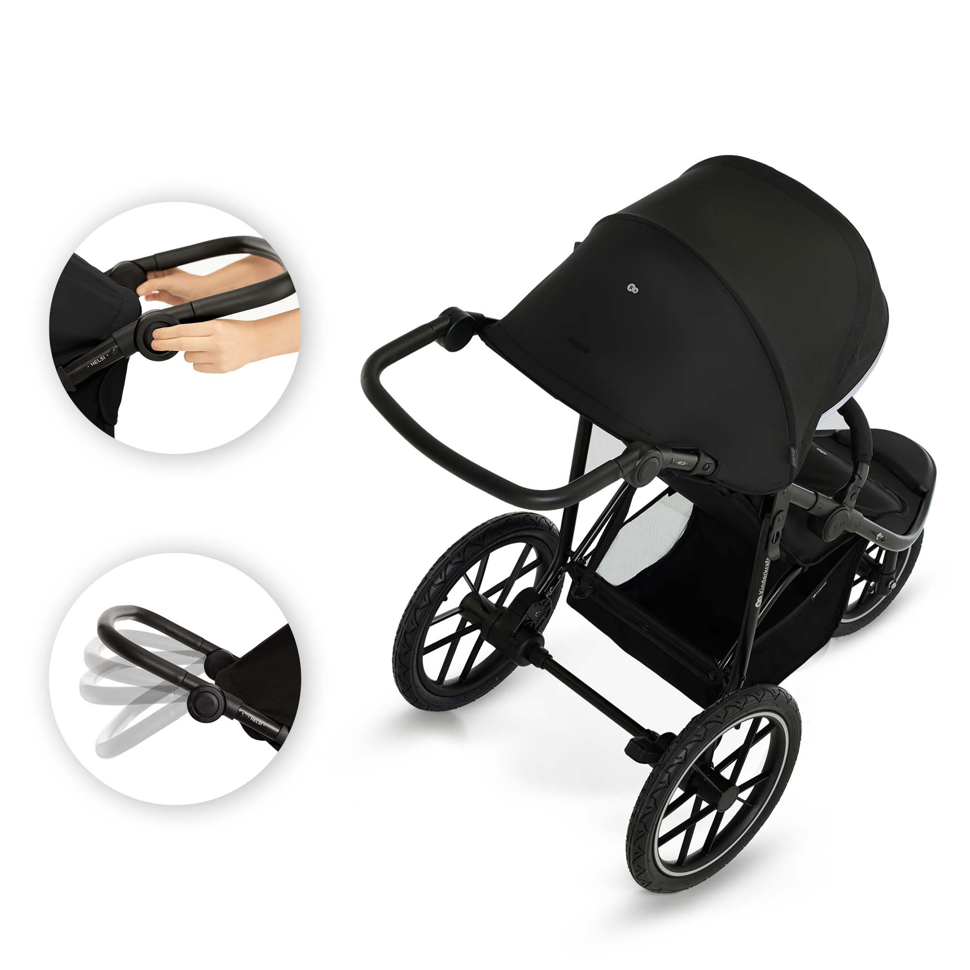 Schwarzer Kinderwagen mit verstellbarem Griff und großen Rädern.