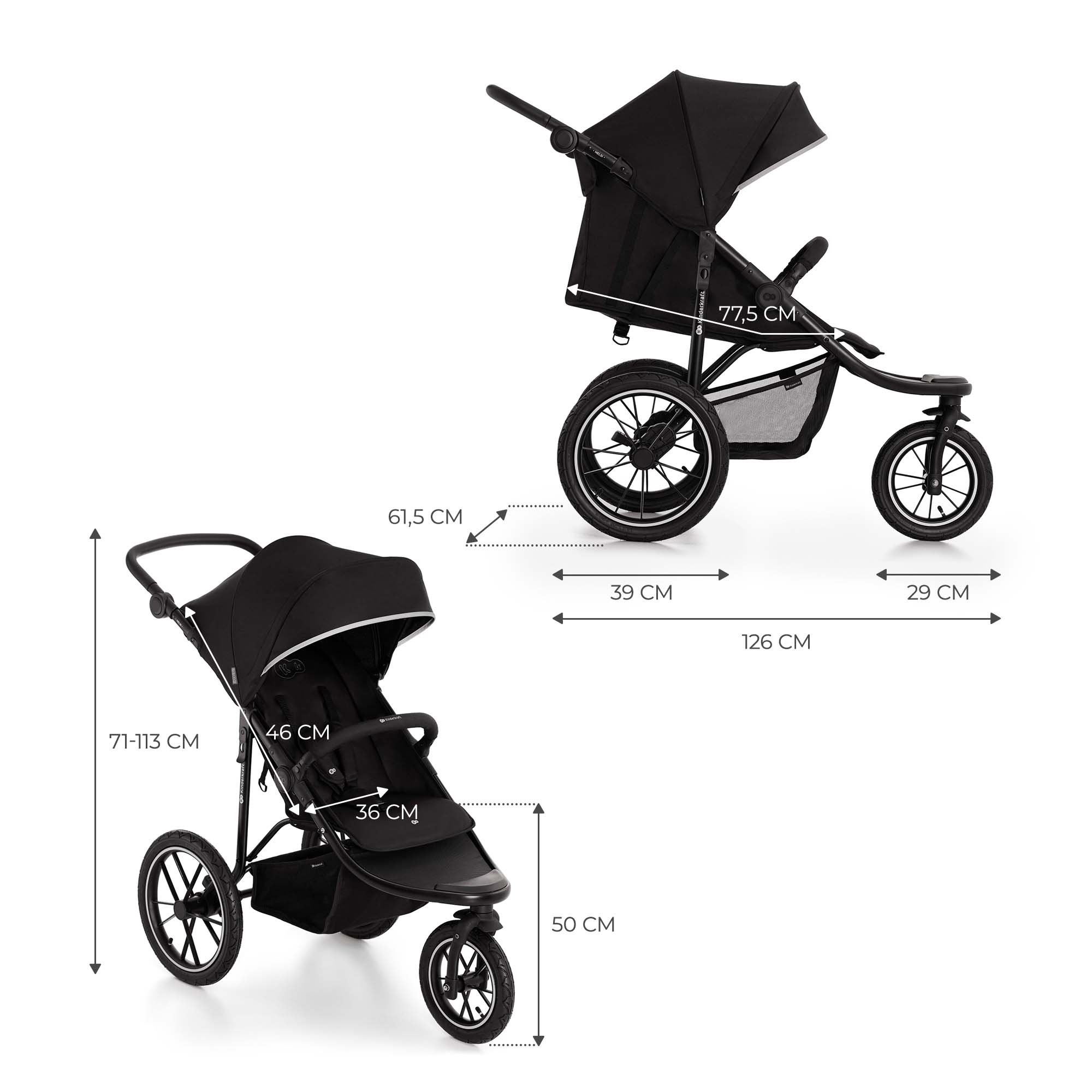 Schwarzer Kinderwagen mit Maßen von 71-113 cm Höhe.