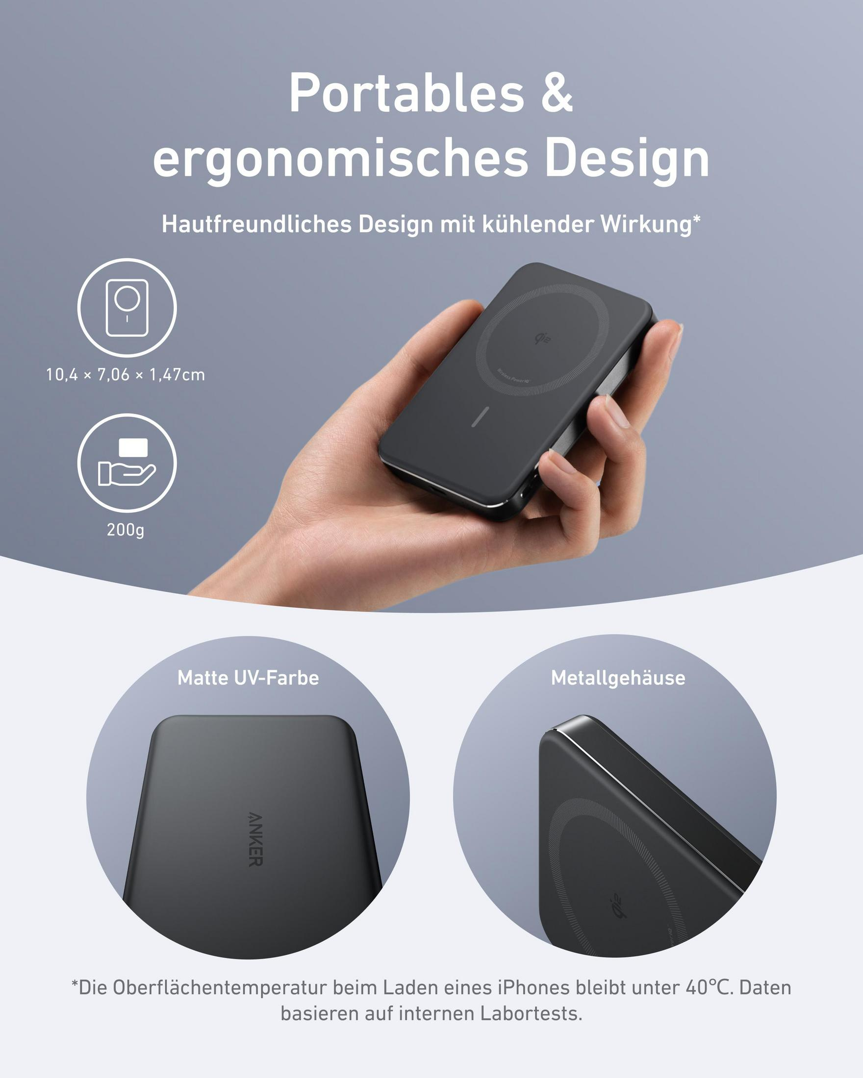 Eine Hand hält ein schwarzes, rechteckiges Ladegerät mit abgerundeten Ecken.