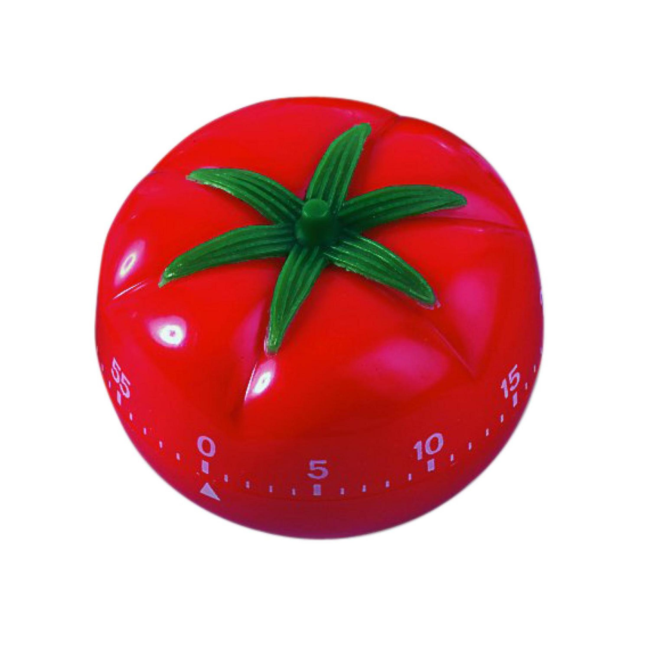 Ein roter Küchentimer in Tomatenform mit grünen Blättern und Zeiteinstellungen.