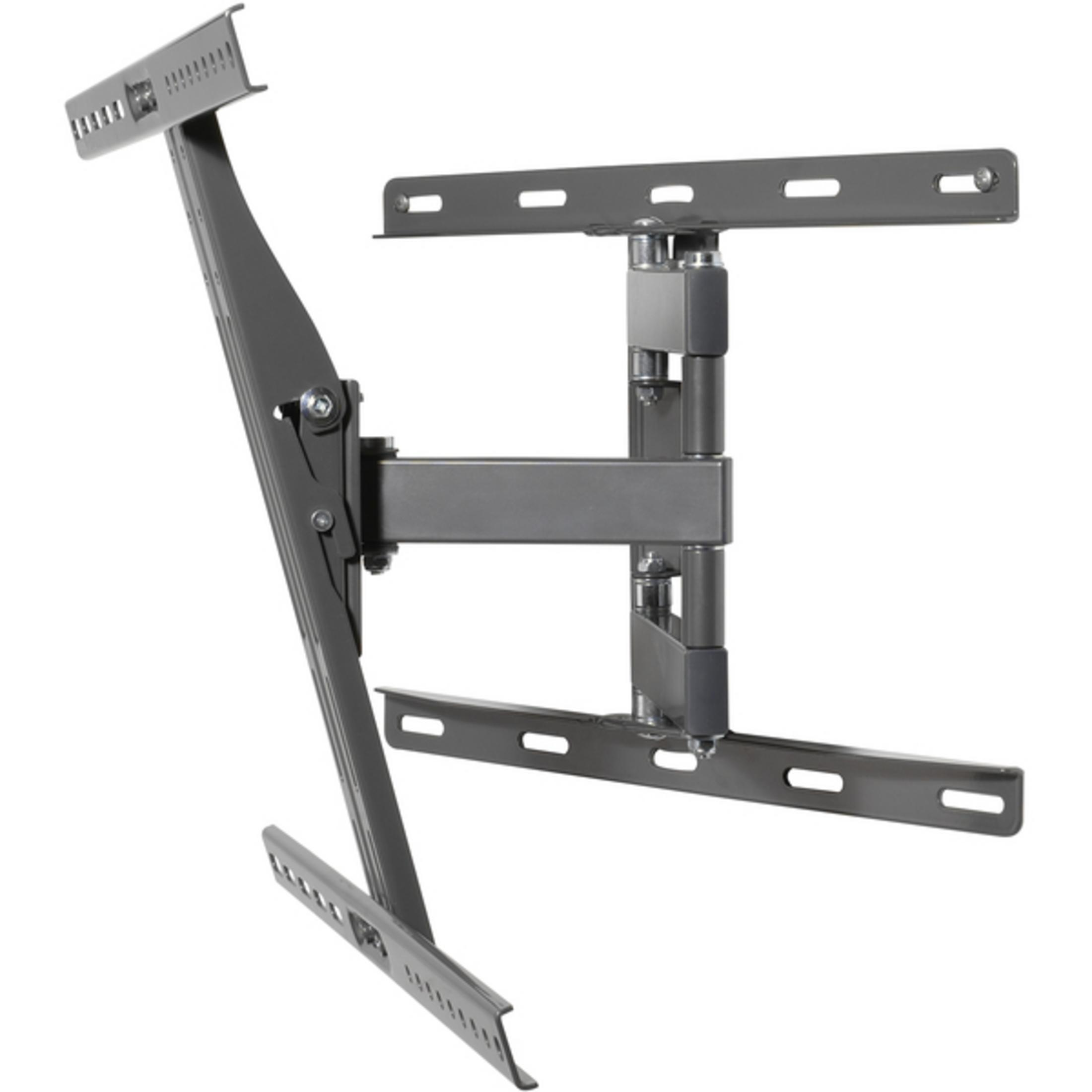 Un supporto TV grigio e regolabile con bracci articolati e piastre VESA.