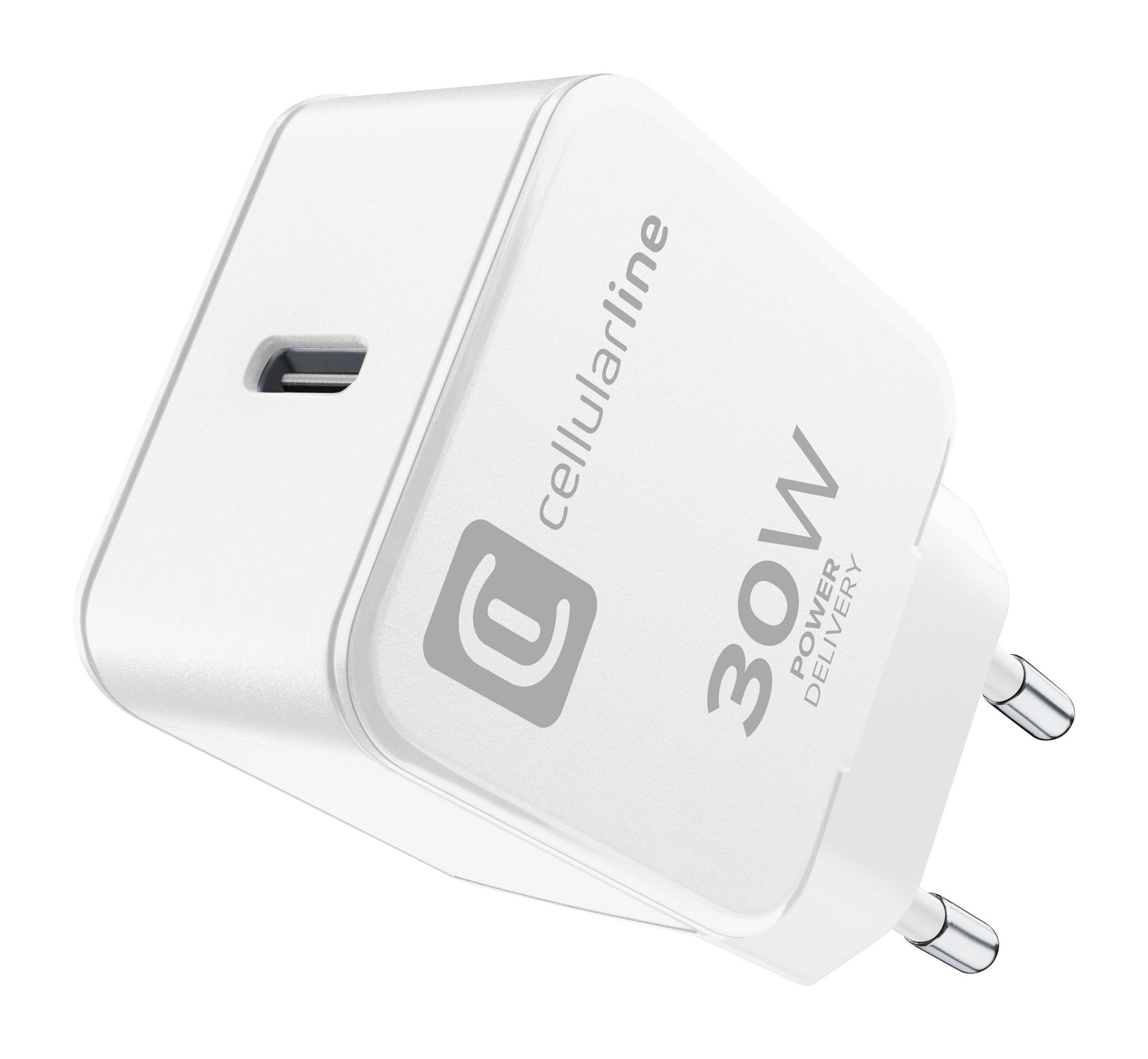 Un adaptador de corriente USB-C blanco de 30W con logo de Cellularline.
