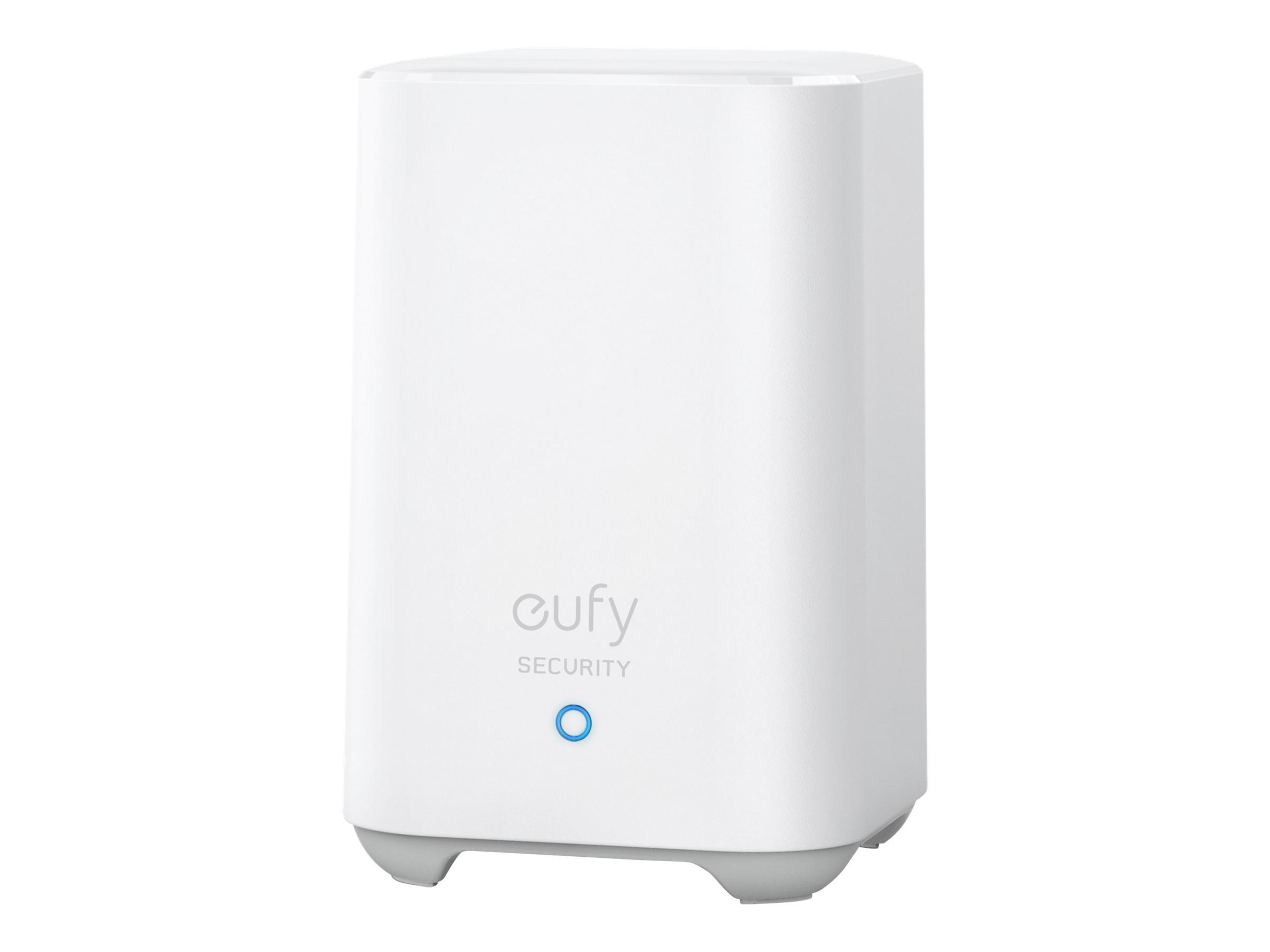 Ein weißer Eufy Security Hub mit einem blauen Kreis-LED.